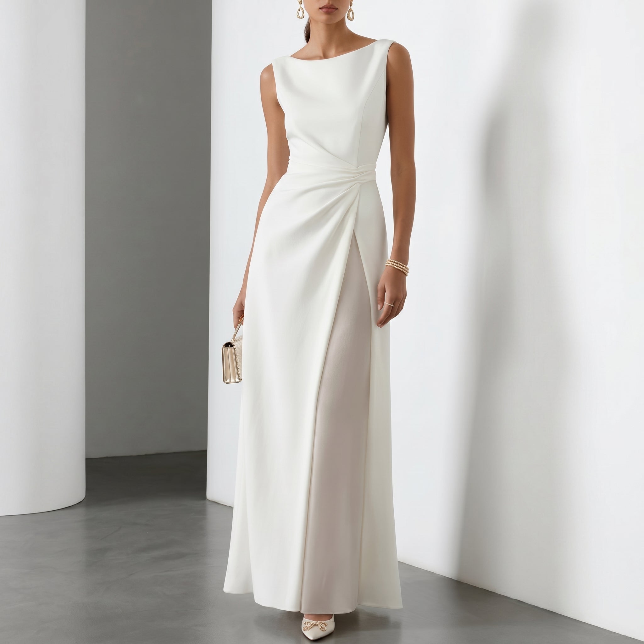 Elena - Women's Evening Draped Side Split Maxi Dress - Maxi Dress - White - Parker&Brooks