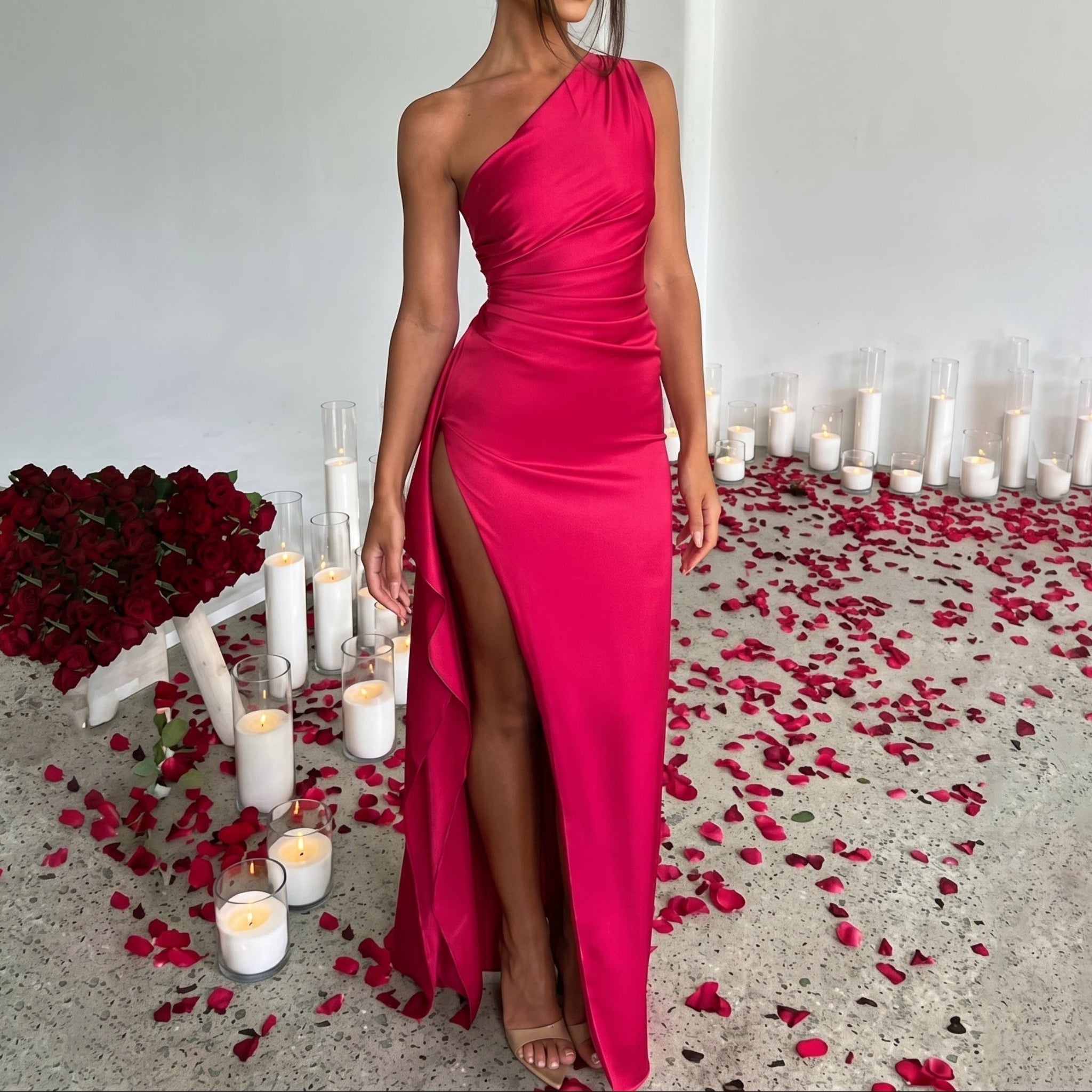Elena - Women's Evening Ruched High Split Maxi Dress - Maxi Dress Women - Red - Parker&Brooks
