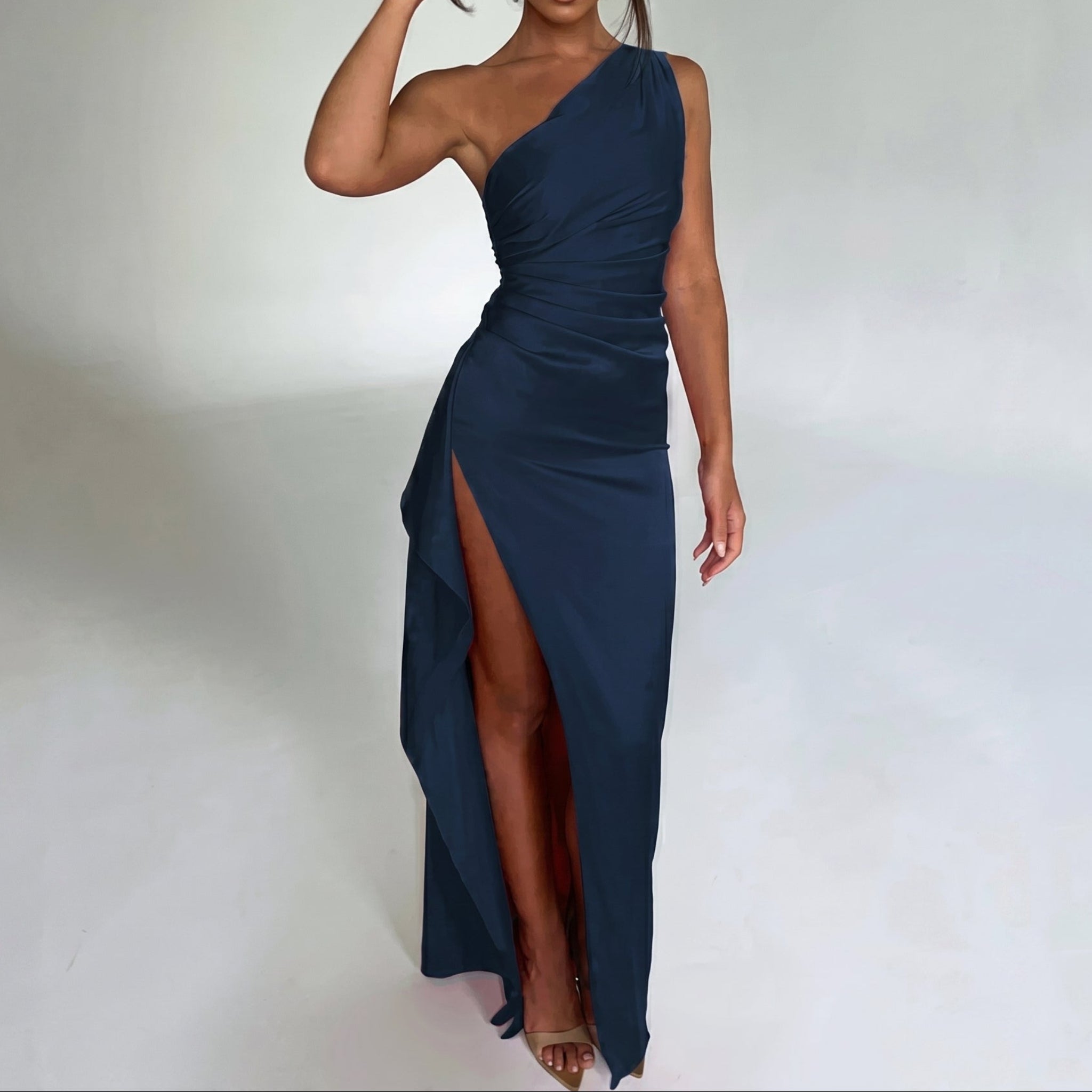 Elena - Women's Evening Ruched High Split Maxi Dress - Maxi Dress Women - Dark Blue - Parker&Brooks
