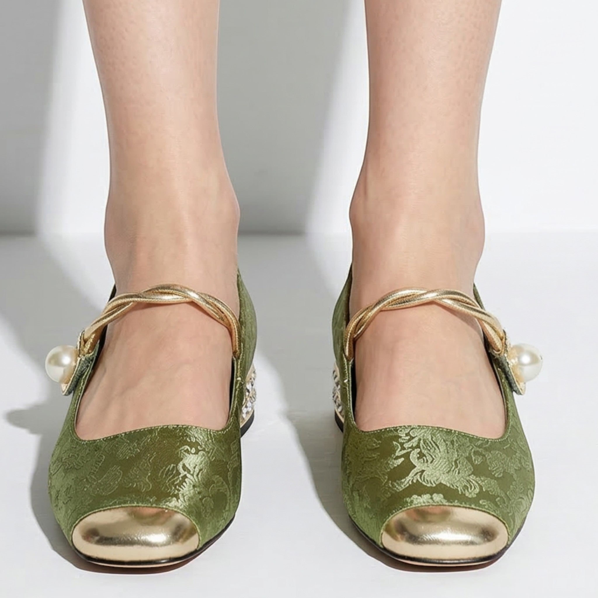 Elena - Women's Low Heel Pumps with Pearl Strap - Sandal - Green - Parker&Brooks
