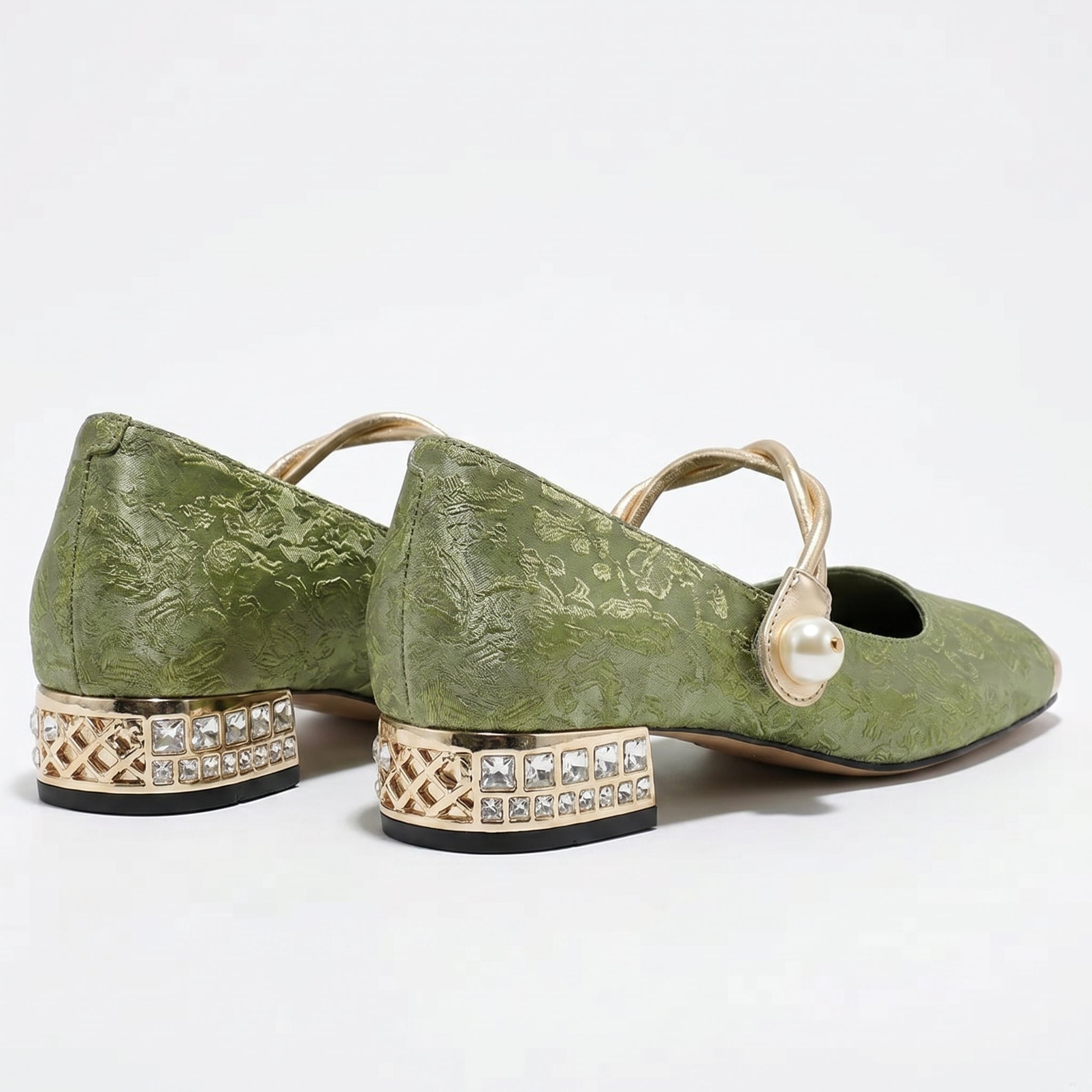 Elena - Women's Low Heel Pumps with Pearl Strap - Sandal - Green - Parker&Brooks