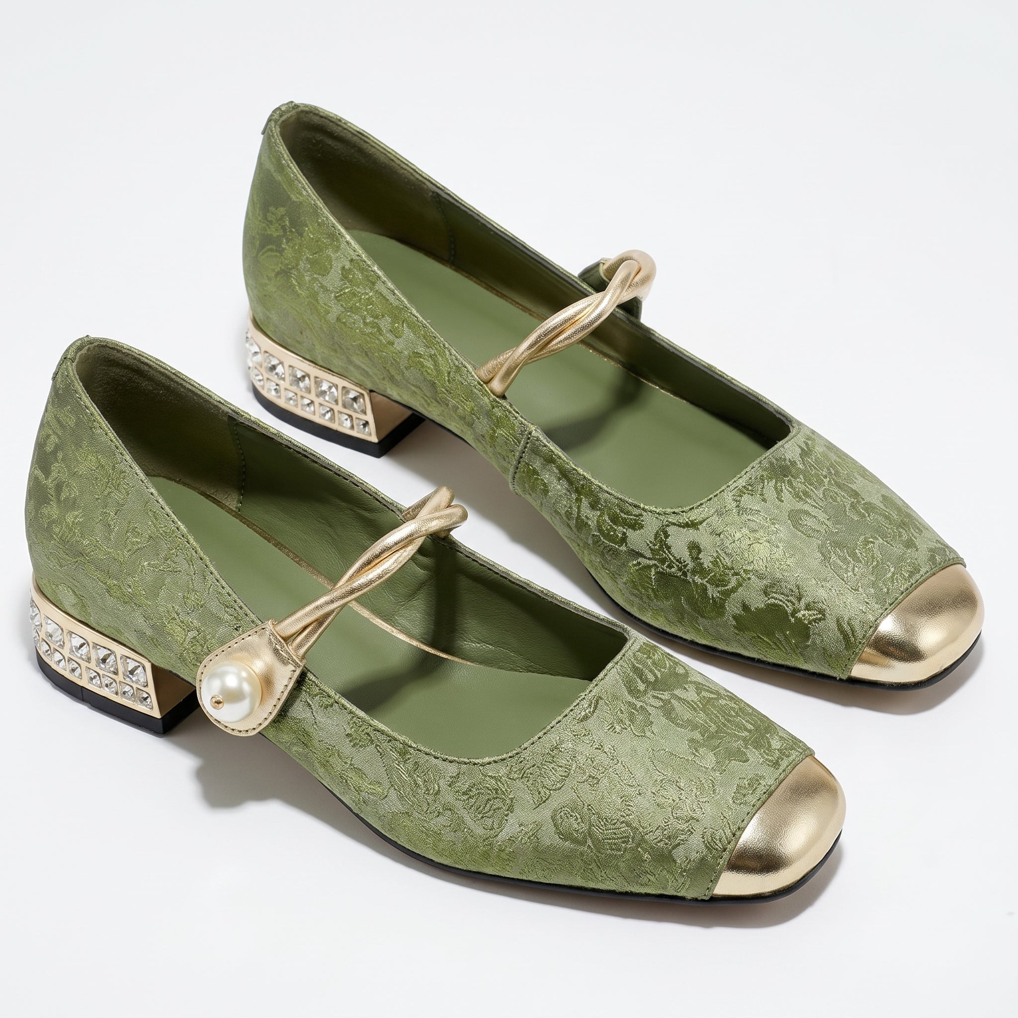 Elena - Women's Low Heel Pumps with Pearl Strap - Sandal - Green - Parker&Brooks