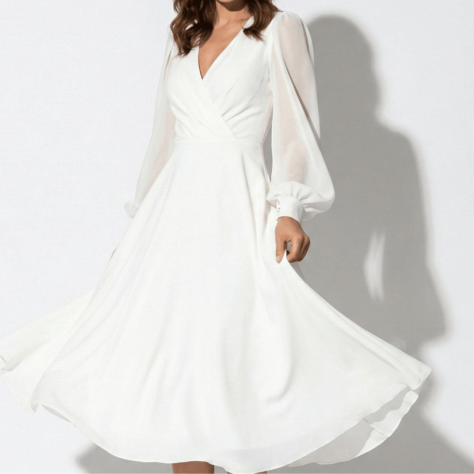 Elena - Women's Long Sleeve Wedding Guest Midi Dress - Dress - White - Parker&Brooks