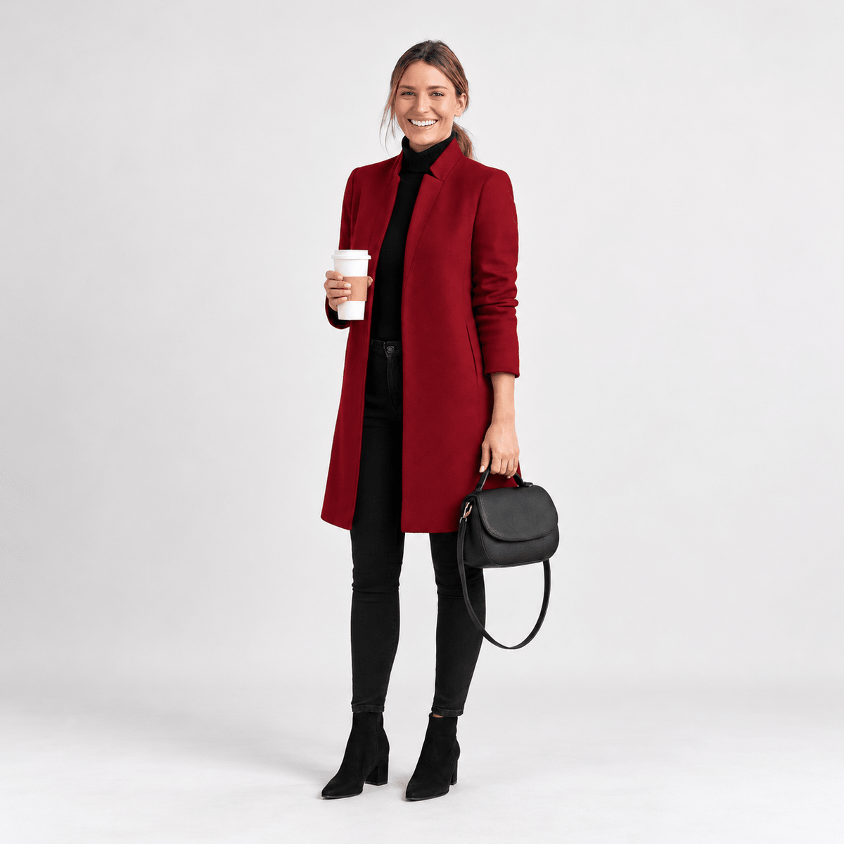 Eliza - Women's Tailored Longline Overcoat with Notch Lapel - Overcoats - Burgundy - Parker&Brooks