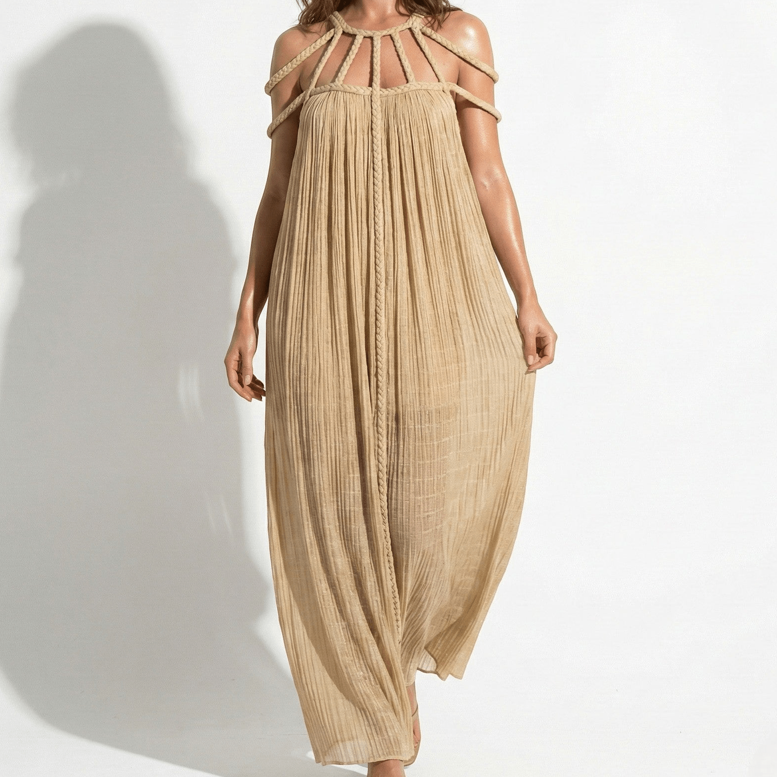 Elizabeth - Women's Summer Sleeveless Draped Maxi Dress - Dresses - Khaki - Parker&Brooks