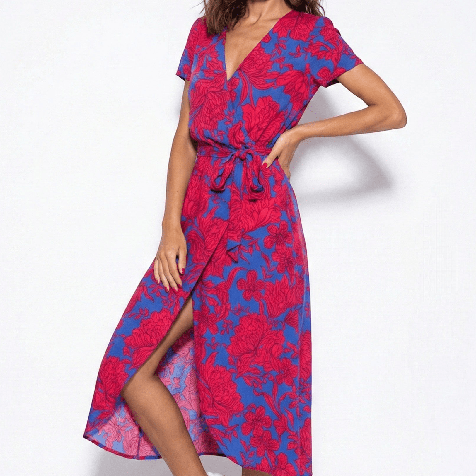 Emily - Women's Floral Wrap Maxi Dress with V - Neck - Dress - Red/Blue - Parker&Brooks