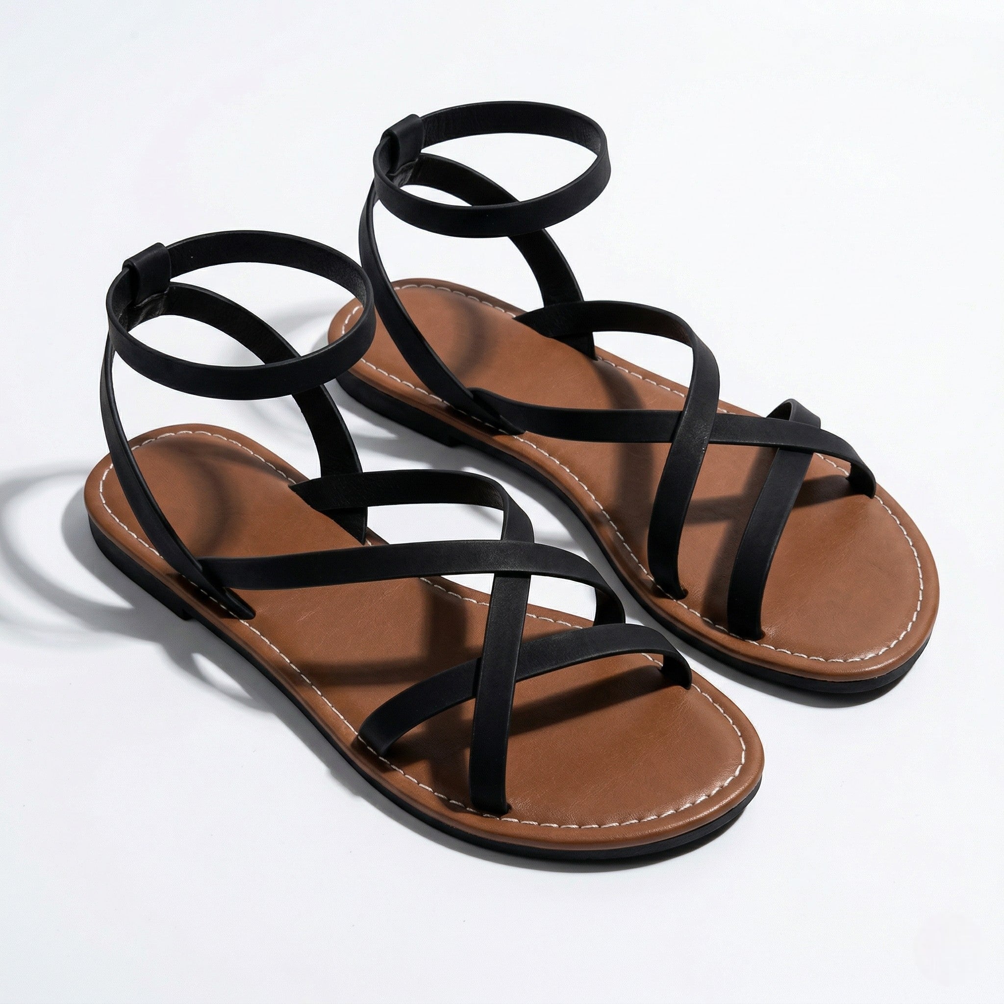 Emily - Women's Summer Flat Strap Sandals - Sandals - Black - Parker&Brooks