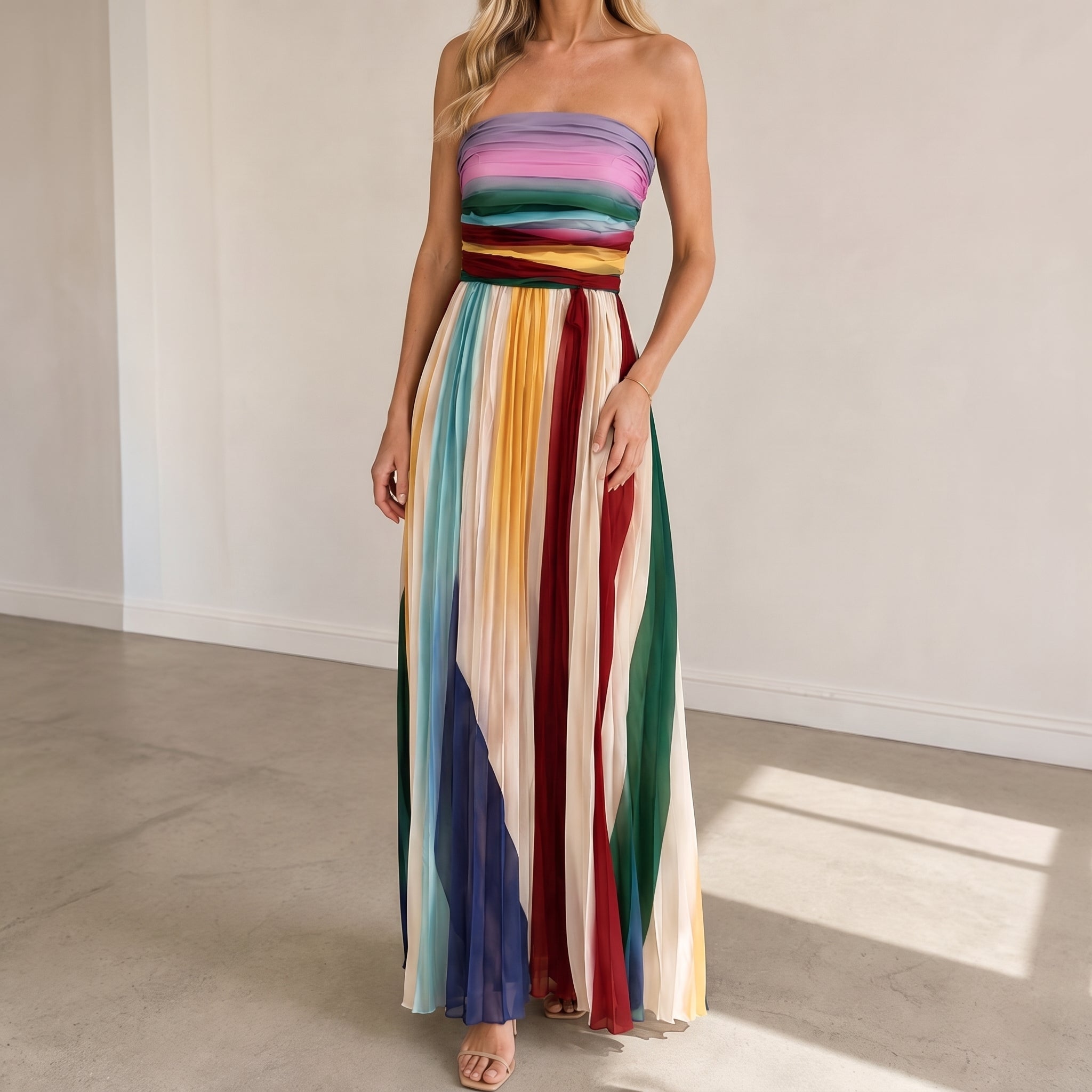 Emma – Women's Strapless Pleated Stripe Party Maxi Dress - Dresses - Cream - Parker&Brooks