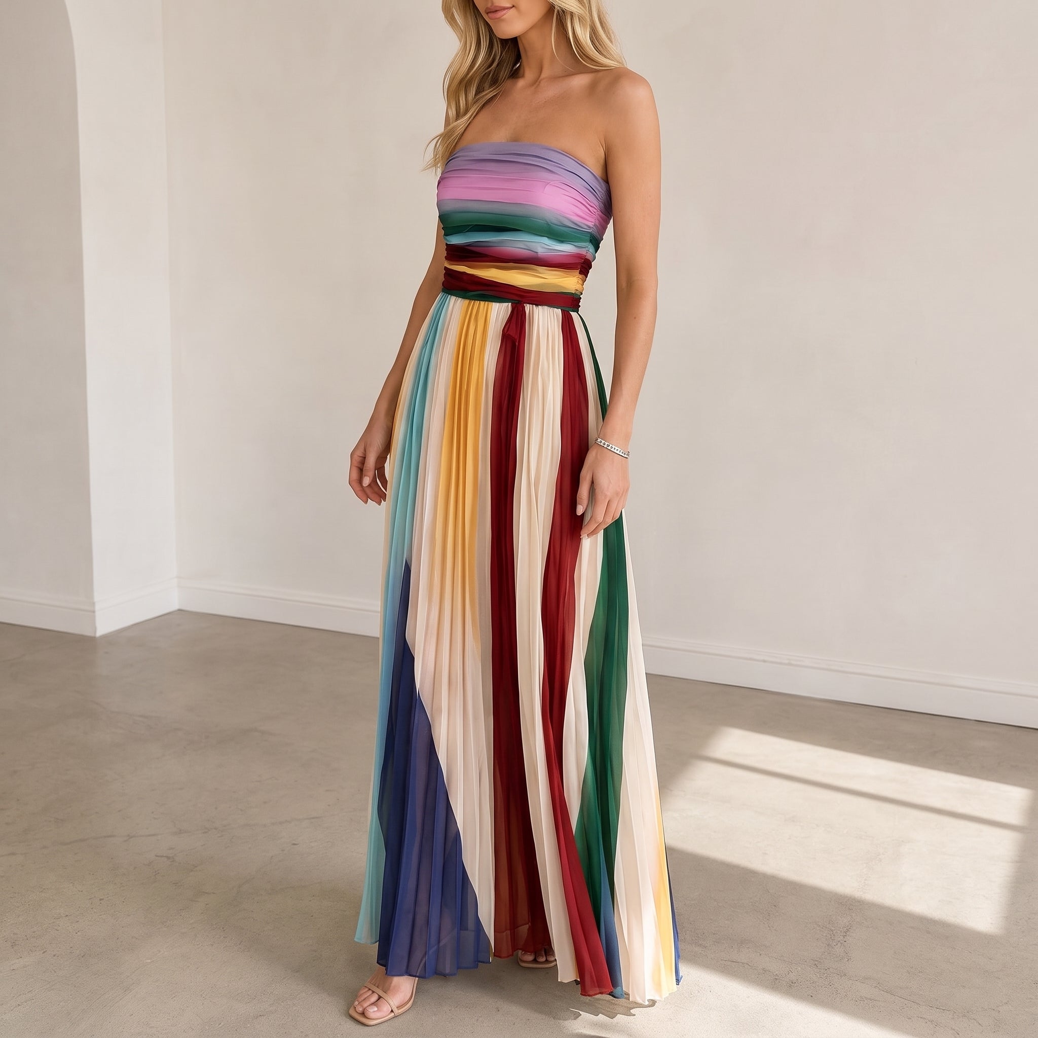 Emma – Women's Strapless Pleated Stripe Party Maxi Dress - Dresses - Cream - Parker&Brooks