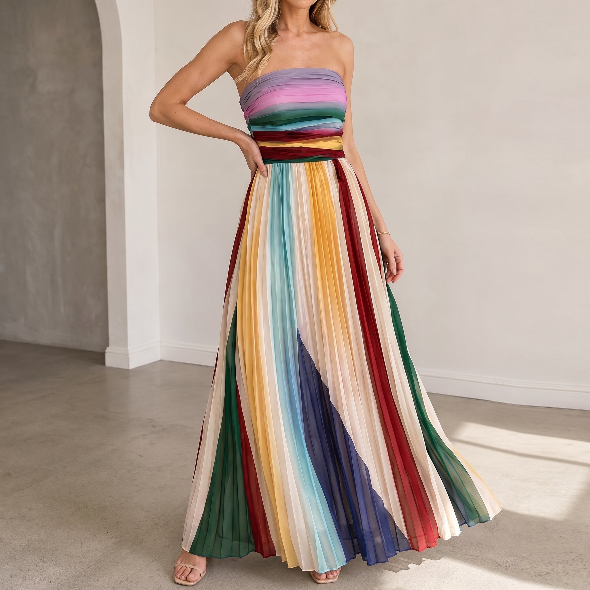 Emma – Women's Strapless Pleated Stripe Party Maxi Dress - Dresses - Cream - Parker&Brooks