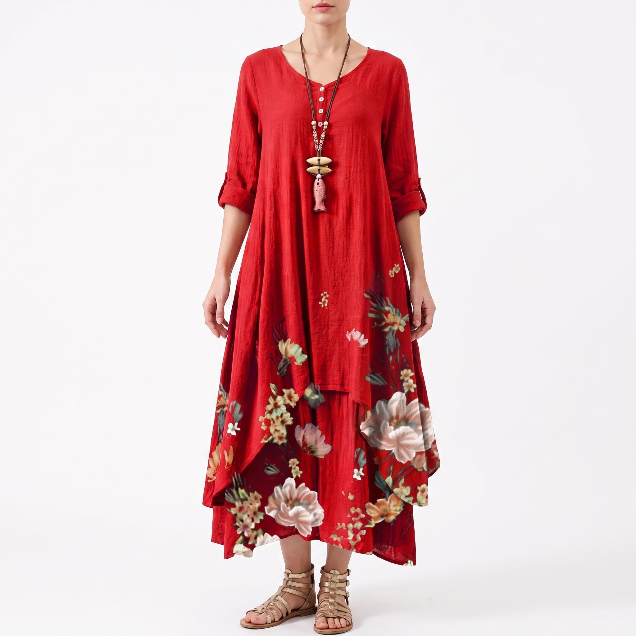 Emma - Women's Summer Floral Border Print Maxi Dress - Dresses - Red - Parker&Brooks