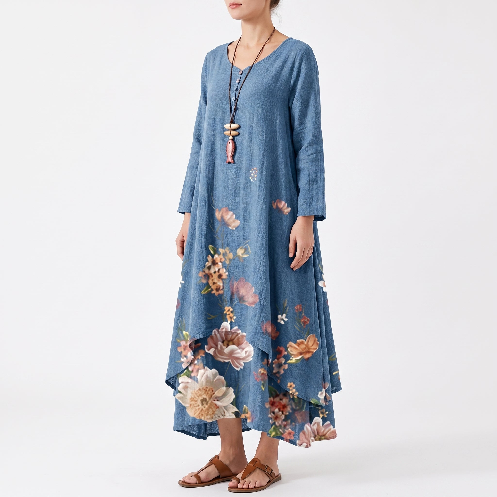 Emma - Women's Summer Floral Border Print Maxi Dress - Dresses - Blue - Parker&Brooks