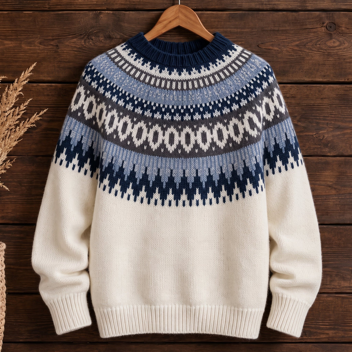 Estelle - Women's Fair Isle Crew Neck Sweater with Ribbed Trim - Sweaters - White - Parker&Brooks