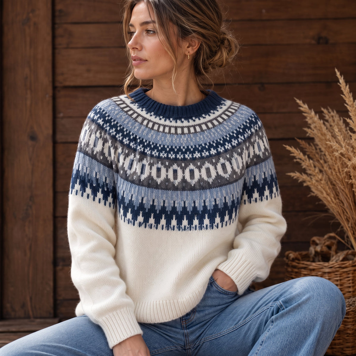 Estelle - Women's Fair Isle Crew Neck Sweater with Ribbed Trim - Sweaters - White - Parker&Brooks
