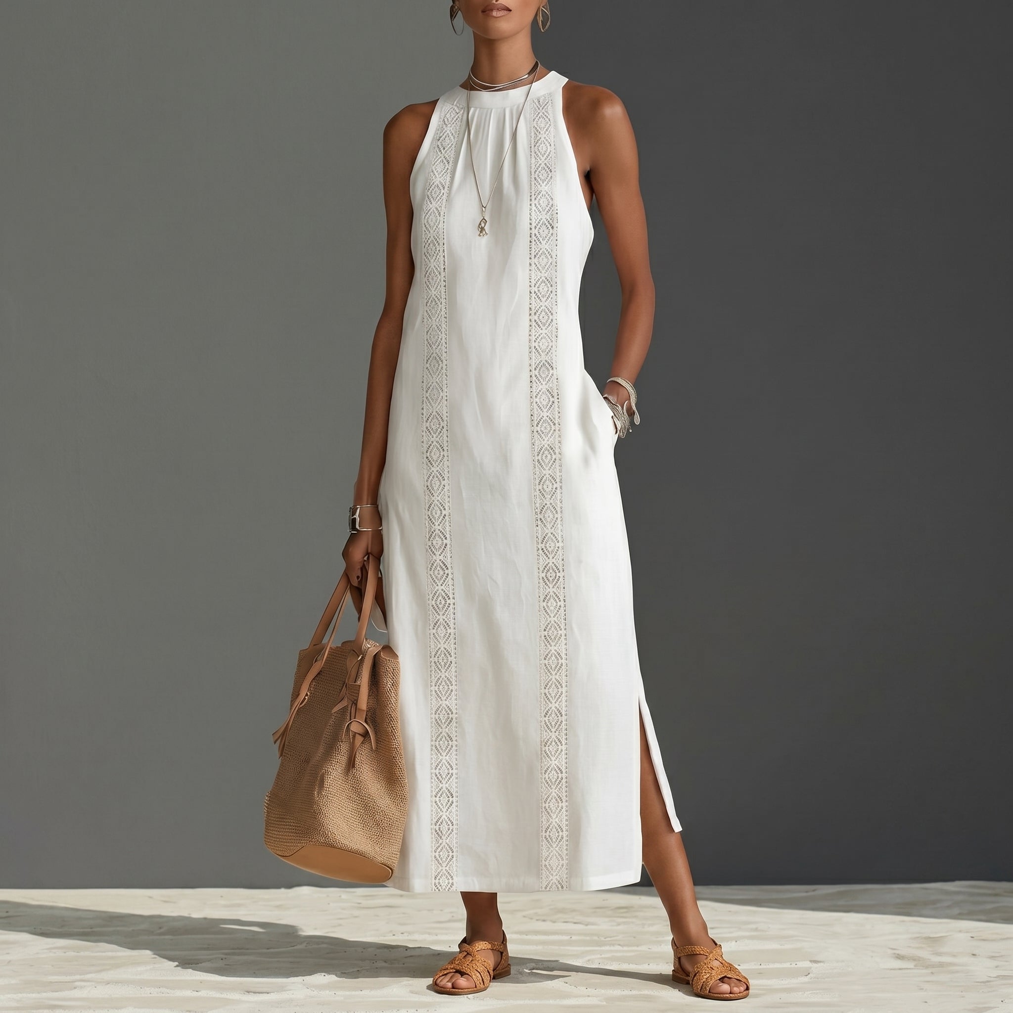 Evelin - Women's Summer Lace Panel Side Split Maxi Dress - Maxi Dress - White - Parker&Brooks