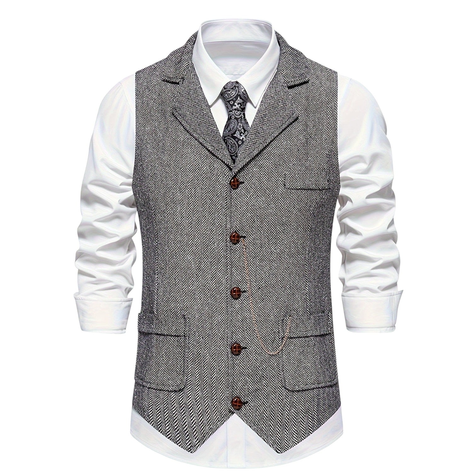 Men's Tweed Herringbone Vest with Notch Lapel and Six-Button Front