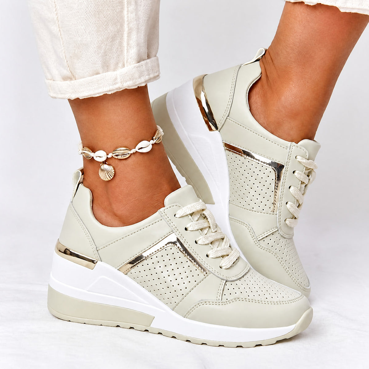 Alice - Women's Orthopedic Wedge Sneakers with Metallic Panel Detail