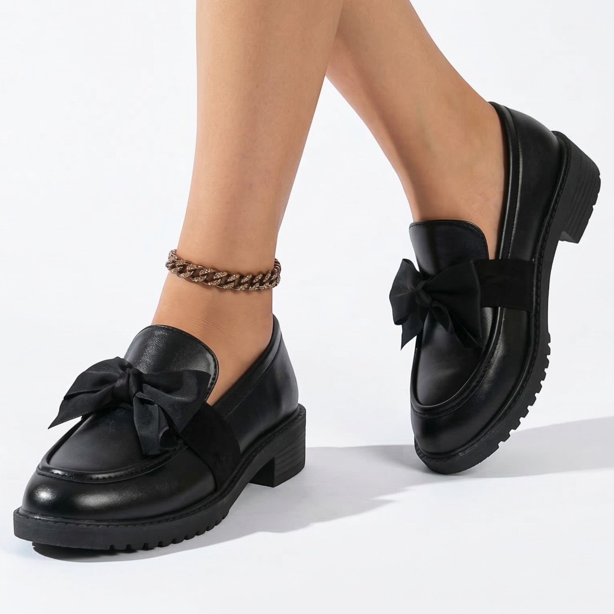 Florence - Women's Platform Loafers with Bow Detail - Loafers - Black - Parker&Brooks