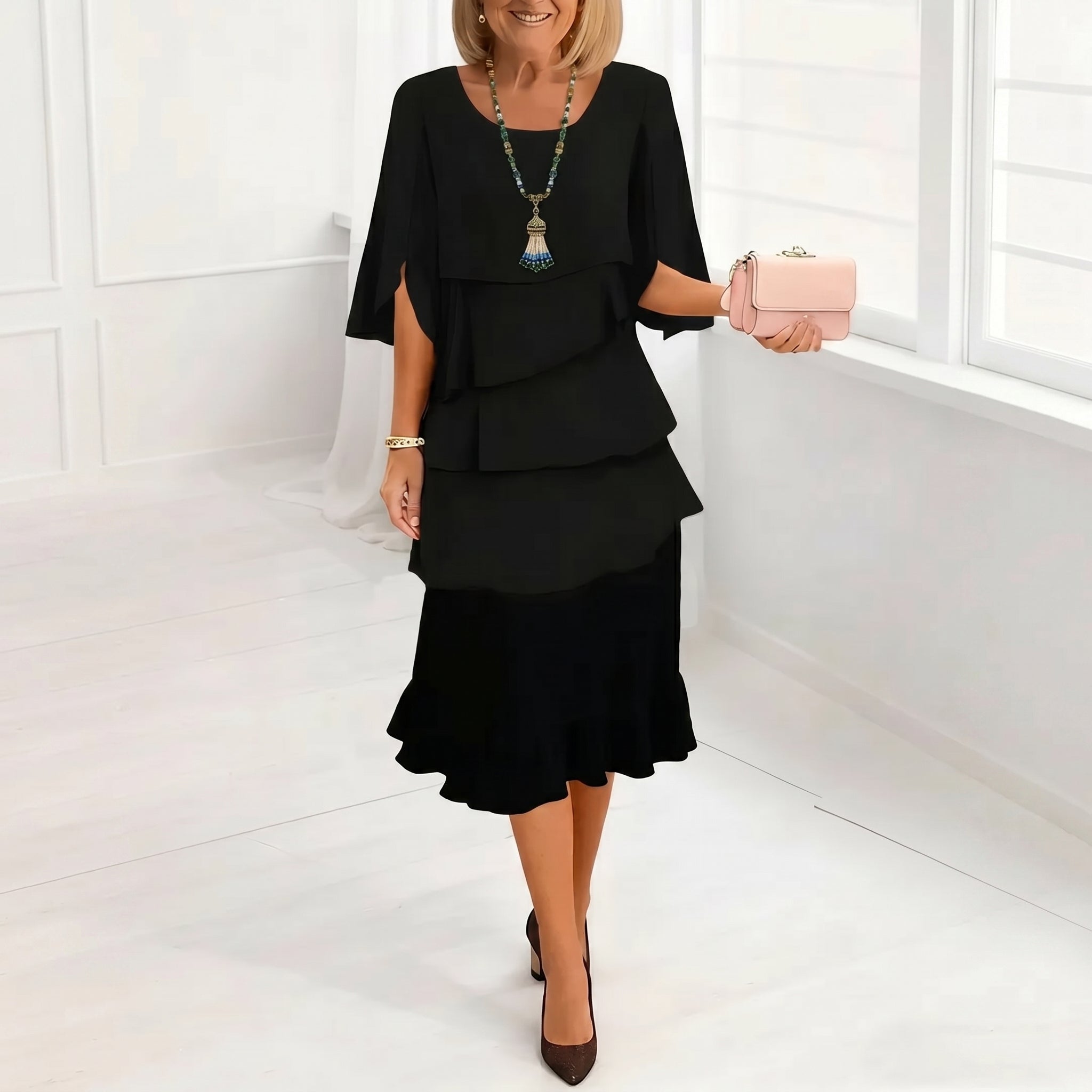 Frances - Women's Casual Tiered Ruffle Midi Dress - Midi Dress - Black - Parker&Brooks