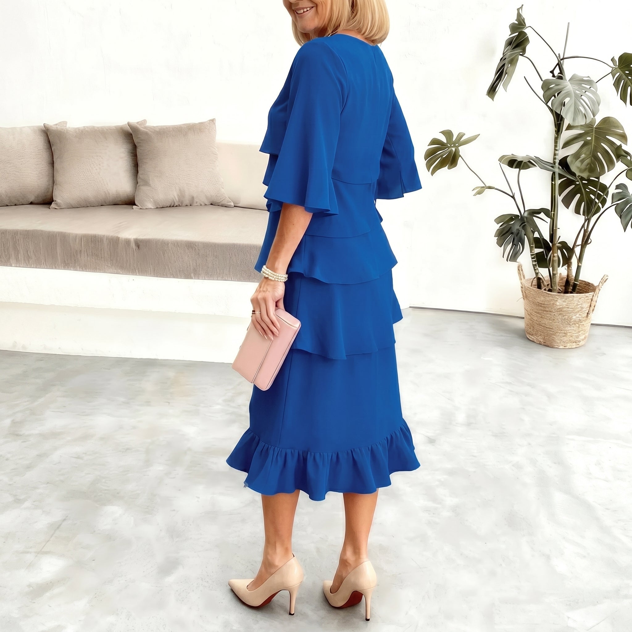 Frances - Women's Casual Tiered Ruffle Midi Dress - Midi Dress - Blue - Parker&Brooks