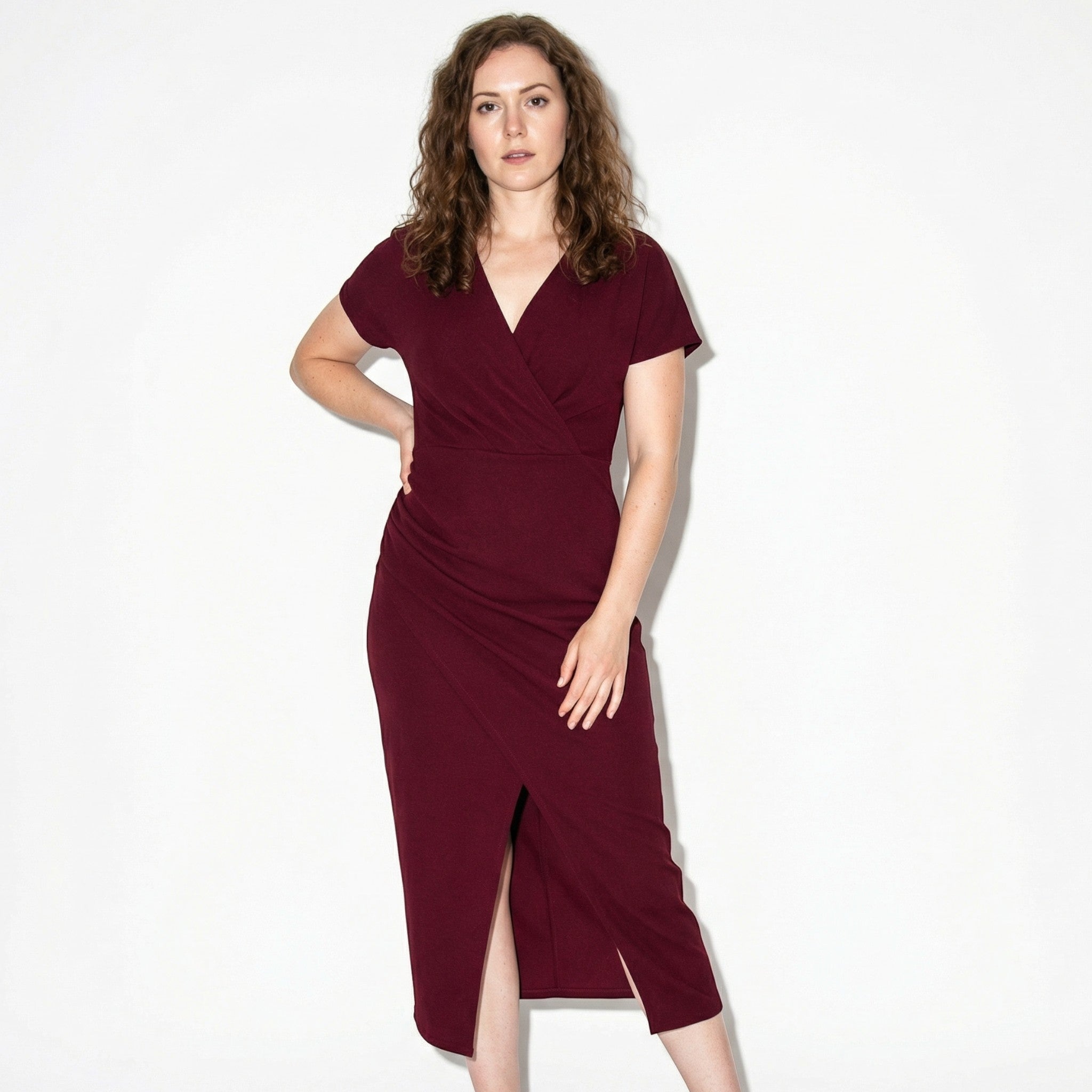 Freya - Women's Ruched Bodycon Casual Midi Dress - Dresses - Burgundy - Parker&Brooks