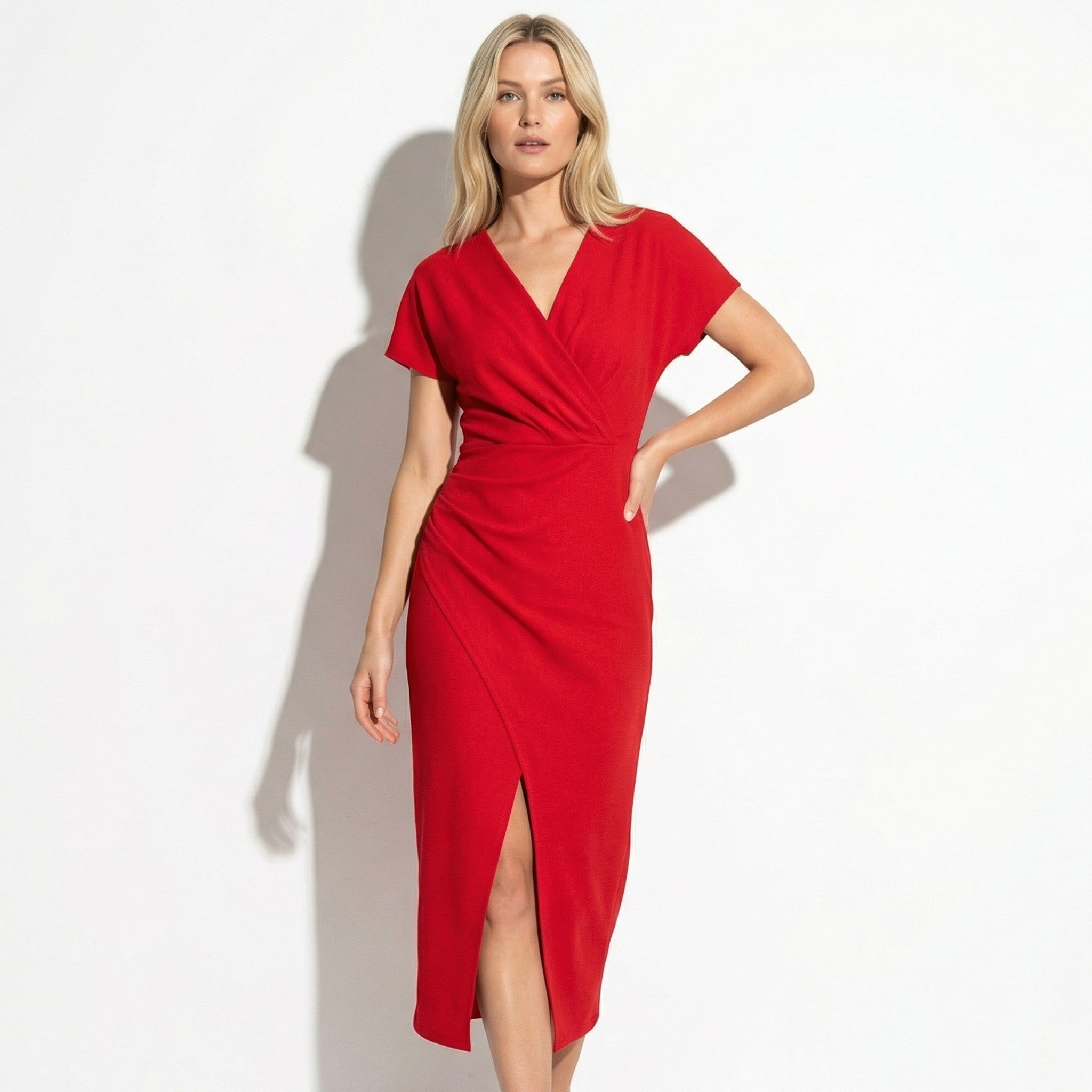 Freya - Women's Ruched Bodycon Casual Midi Dress - Dresses - Red - Parker&Brooks