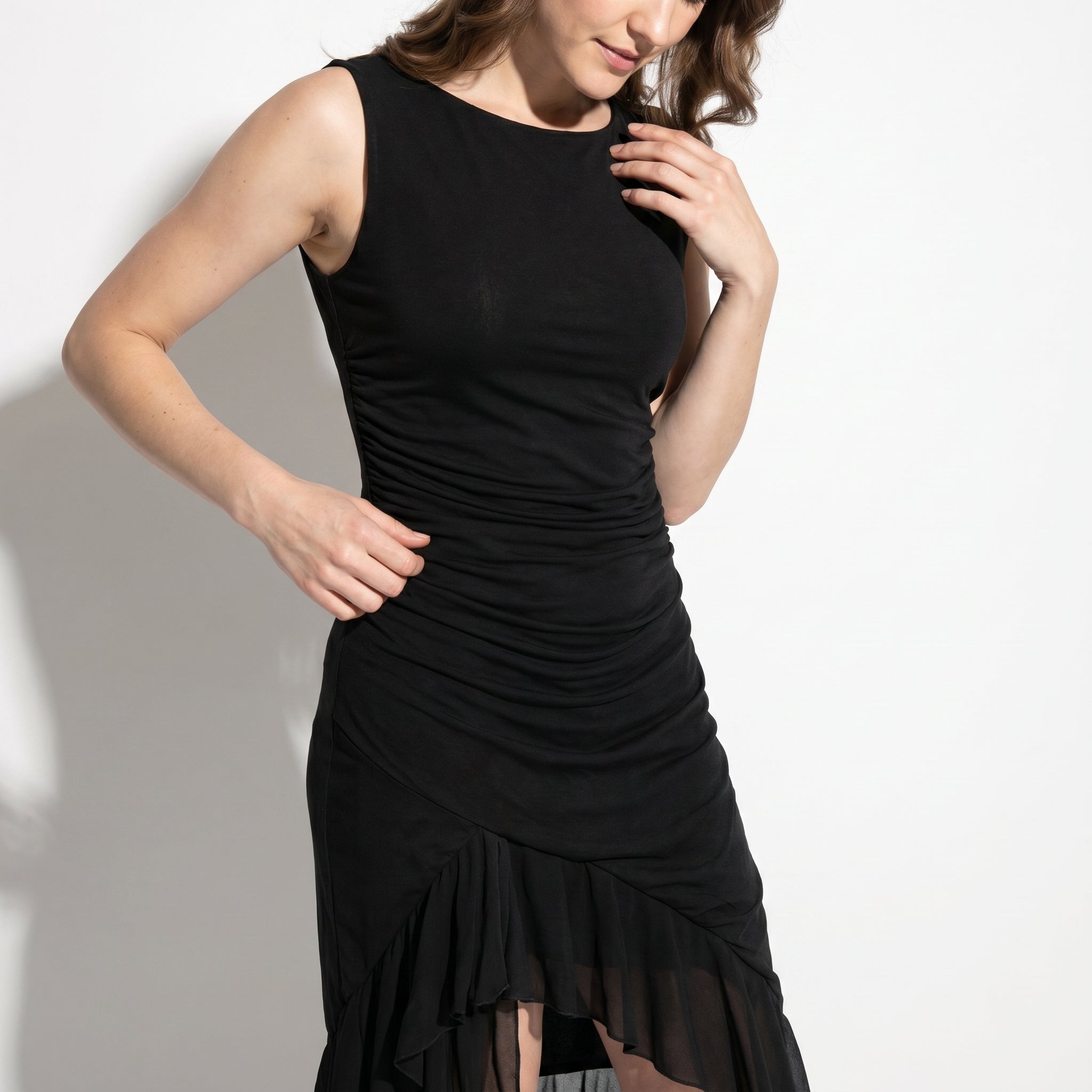 Freya - Women's Ruched Sleeveless Party Midi Dress - Midi Dresses - Black - Parker&Brooks