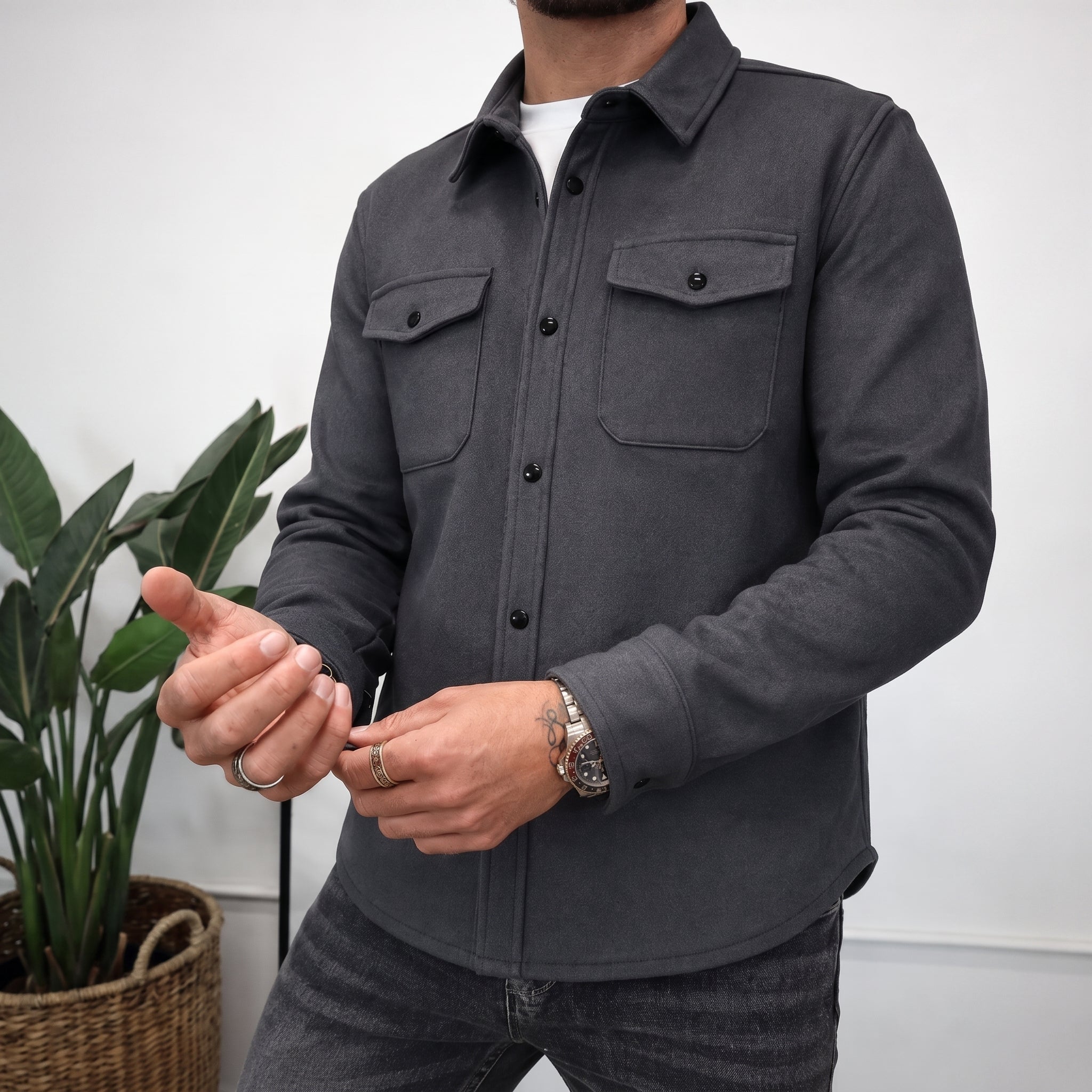 Friedrich - Men's Relaxed Fit Shirt Jacket with Dual Chest Pockets - Shirts - Dark Gray - Parker&Brooks