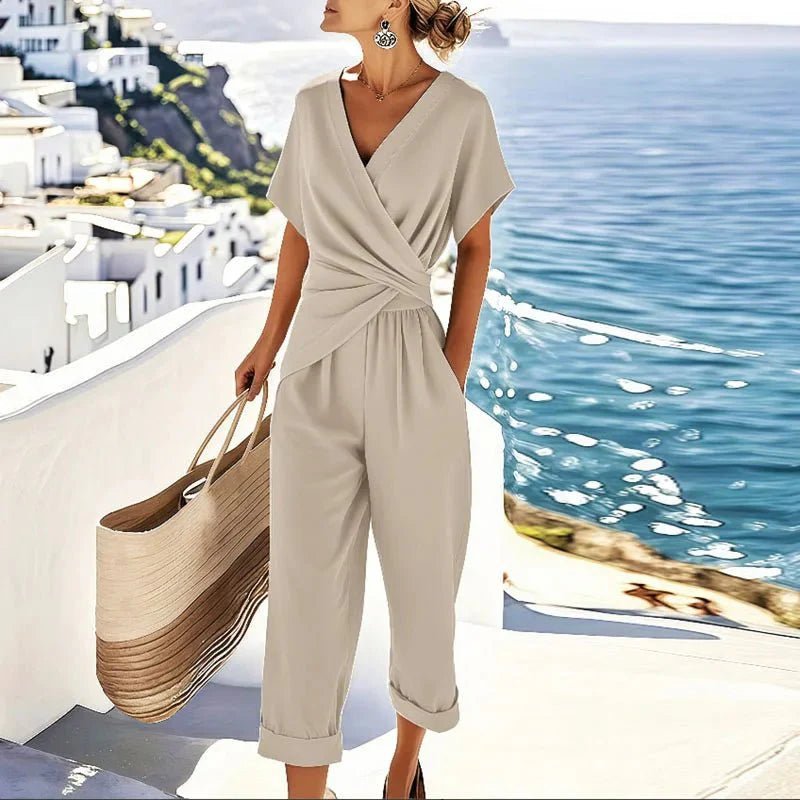 Gemma - Women's Wrap Front Top & Wide Leg Trousers Set - Sets - Beige - Parker&Brooks