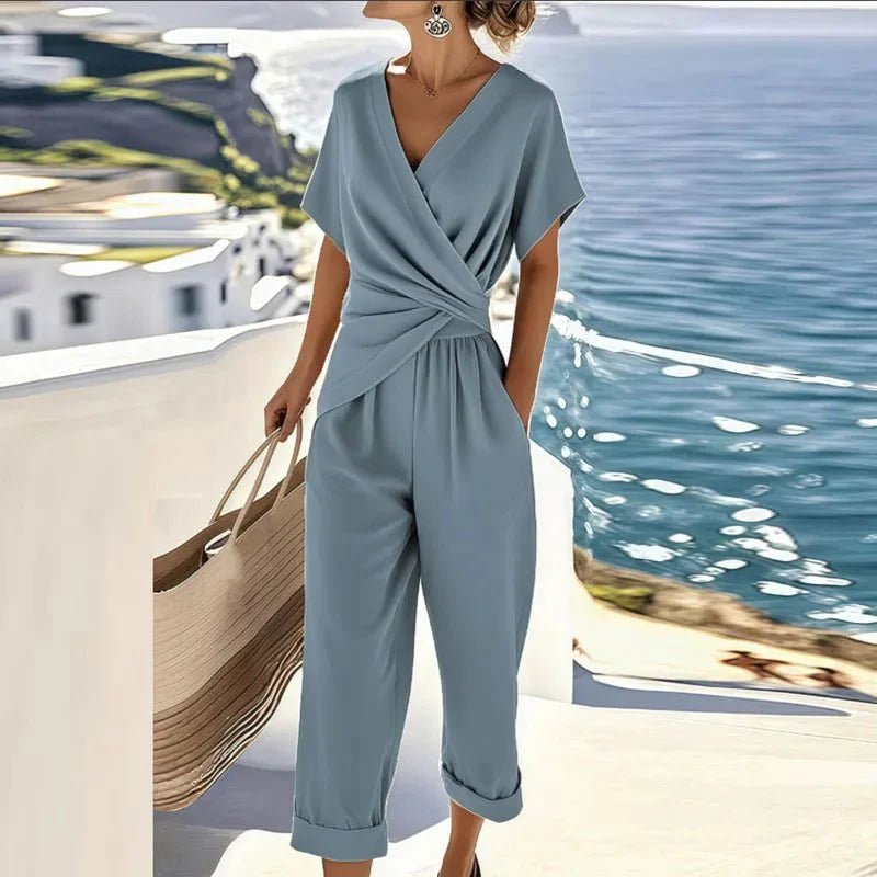 Gemma - Women's Wrap Front Top & Wide Leg Trousers Set - Sets - Blue - Parker&Brooks