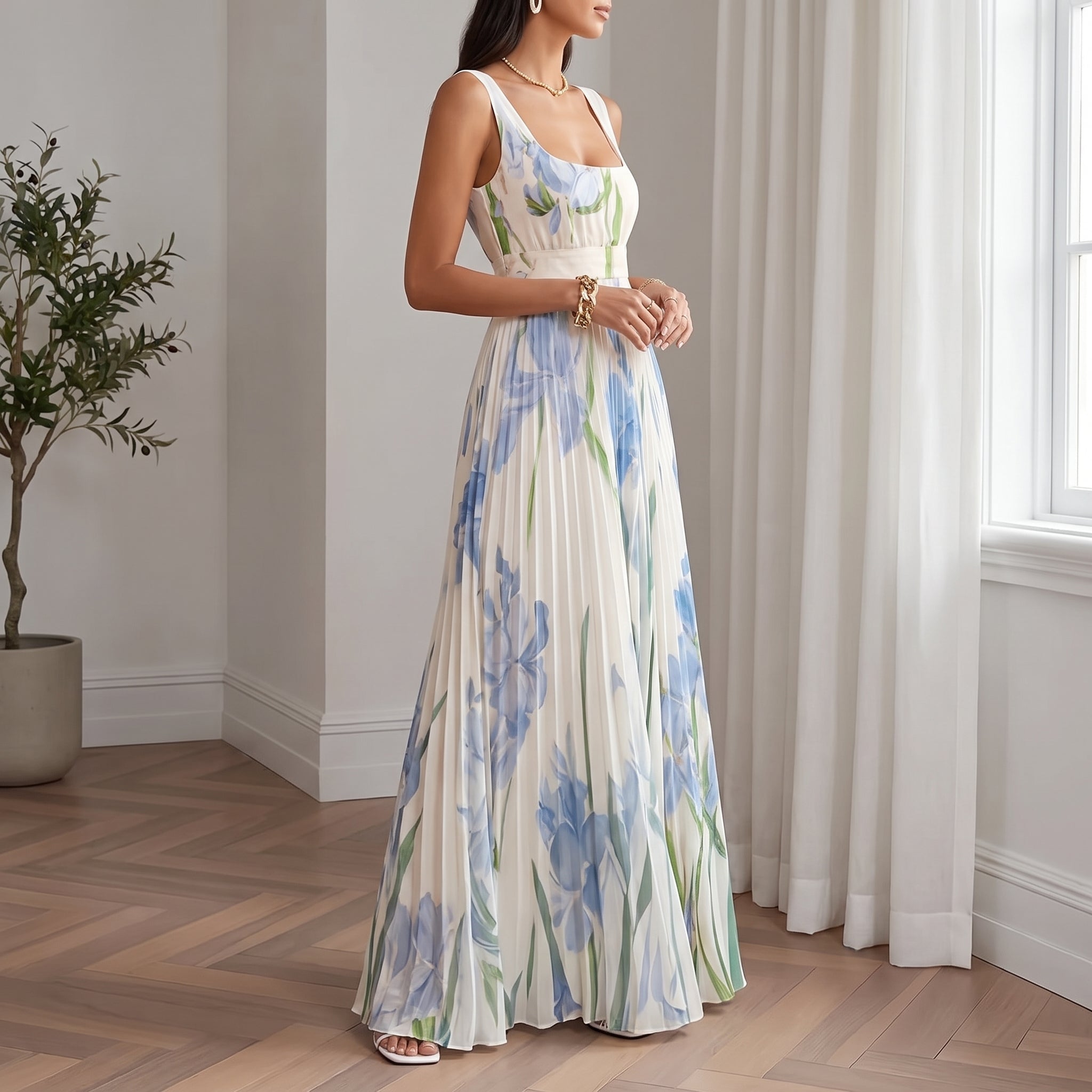 Georgia - Women's Summer Floral Print Pleated Maxi Dress - Dresses - Light Blue - Parker&Brooks