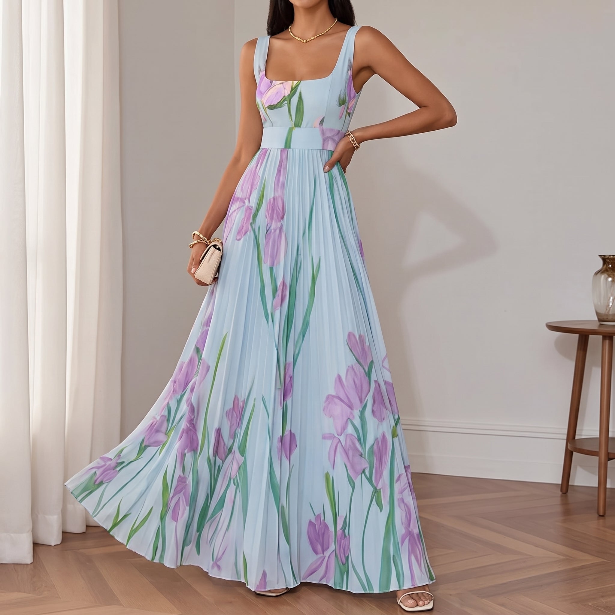 Georgia - Women's Summer Floral Print Pleated Maxi Dress - Dresses - Blue - Parker&Brooks
