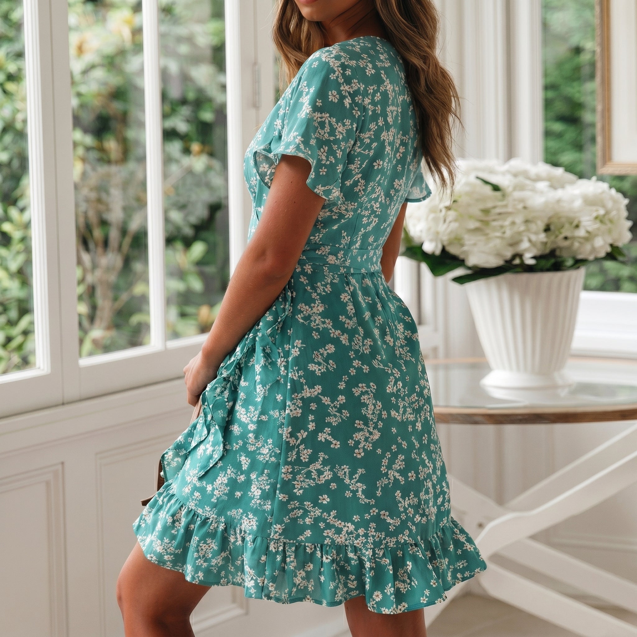 Georgia - Women's Summer Floral Ruffle Hem Mini Dress - Mini Dress - Green - Parker&Brooks