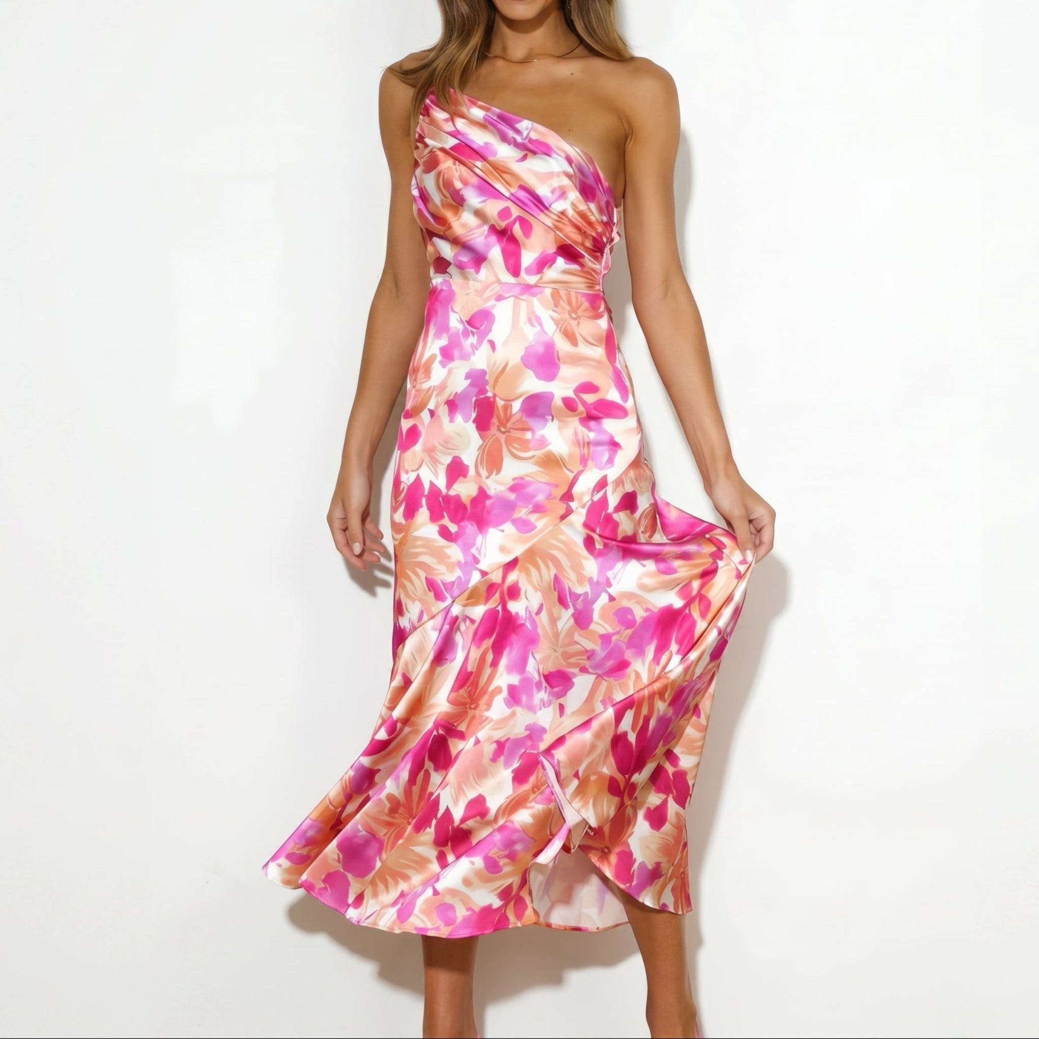 Grace - Women's Floral One-Shoulder Wedding Guest Midi Dress