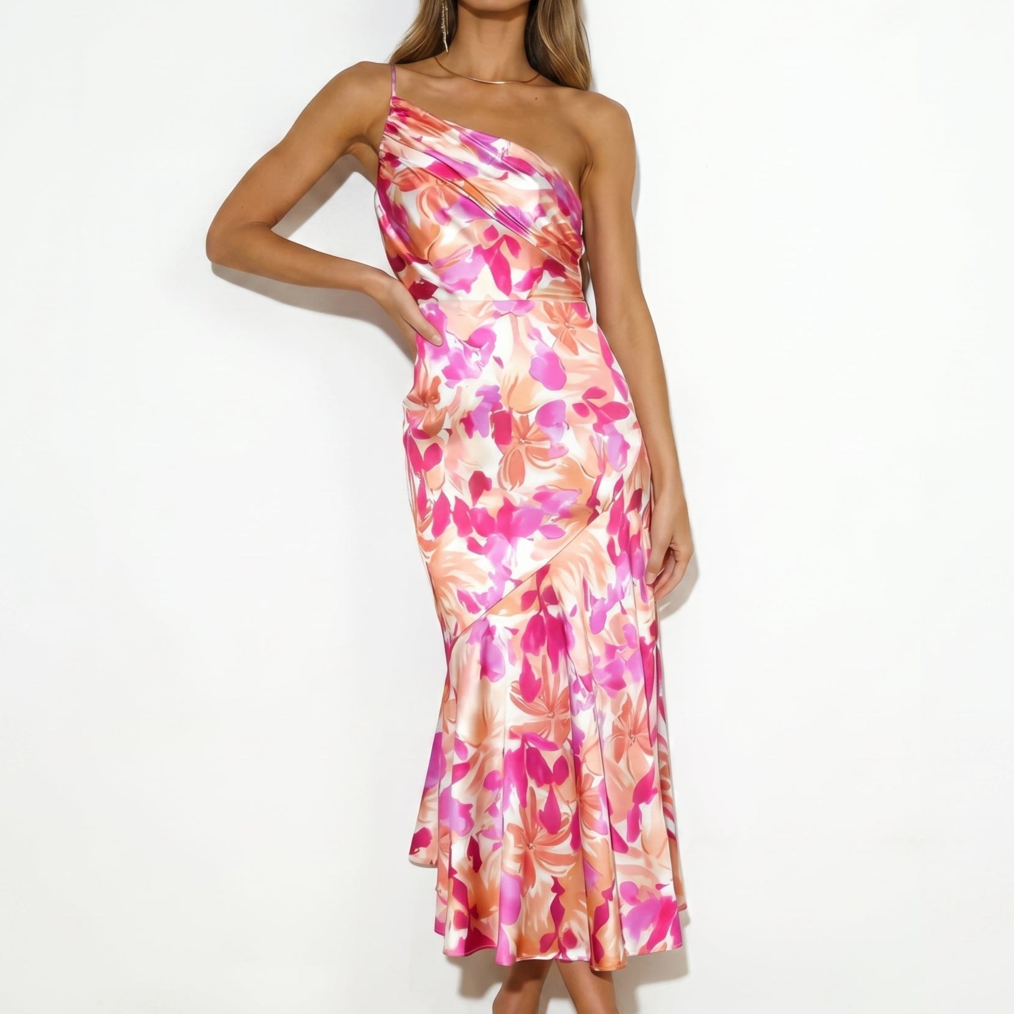Grace - Women's Floral One-Shoulder Wedding Guest Midi Dress