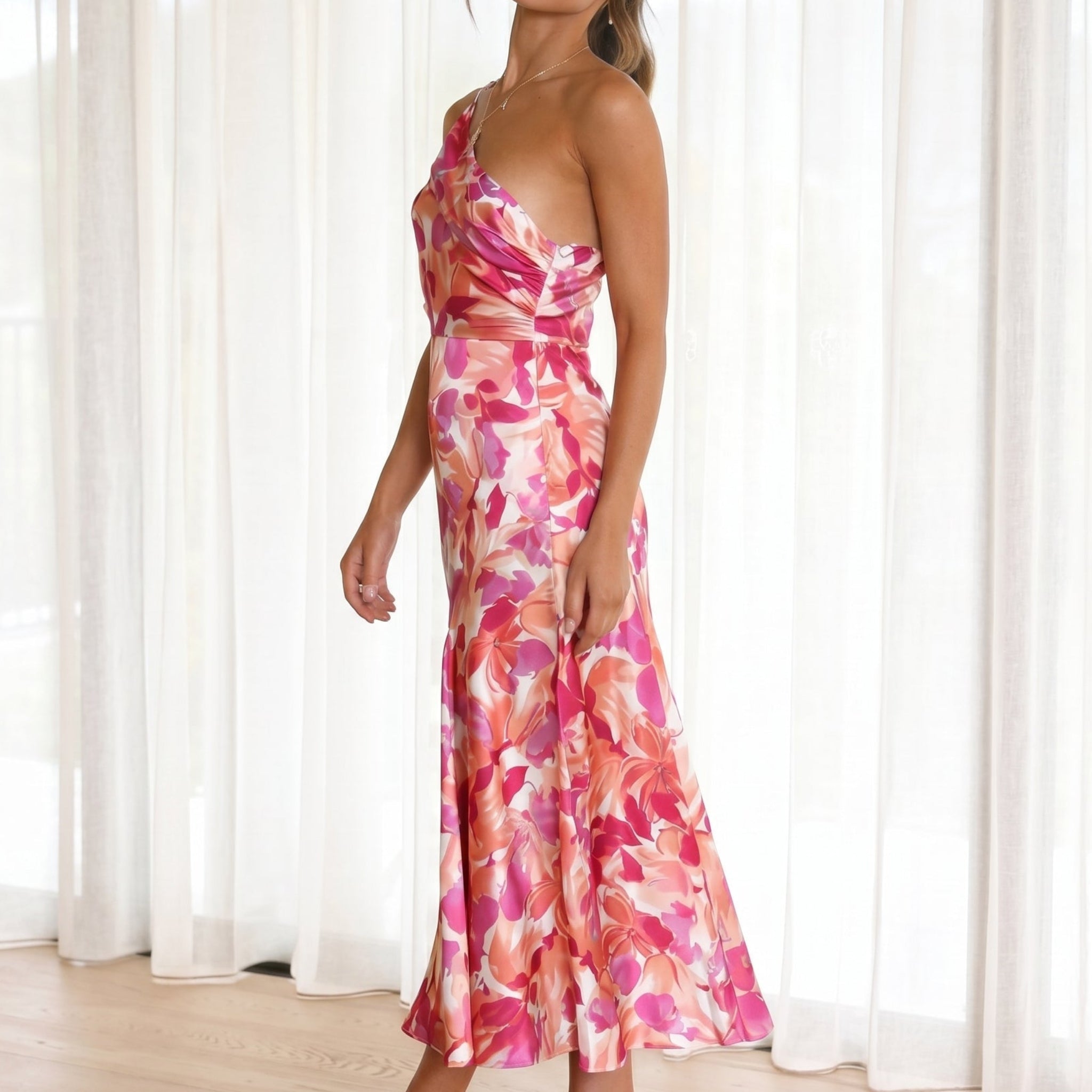 Grace - Women's Floral One-Shoulder Wedding Guest Midi Dress