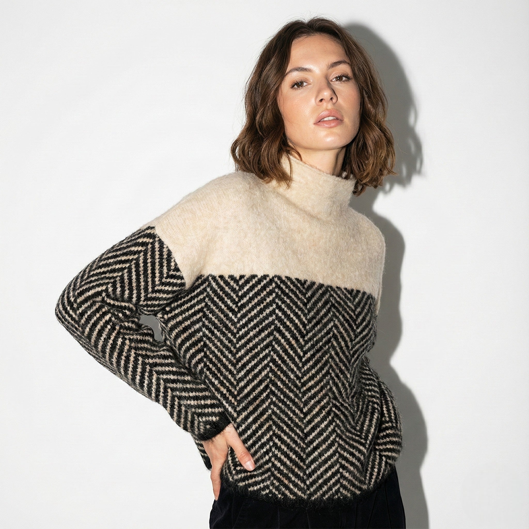 Women's Turtle-Neck Sweater with Chevron Knit