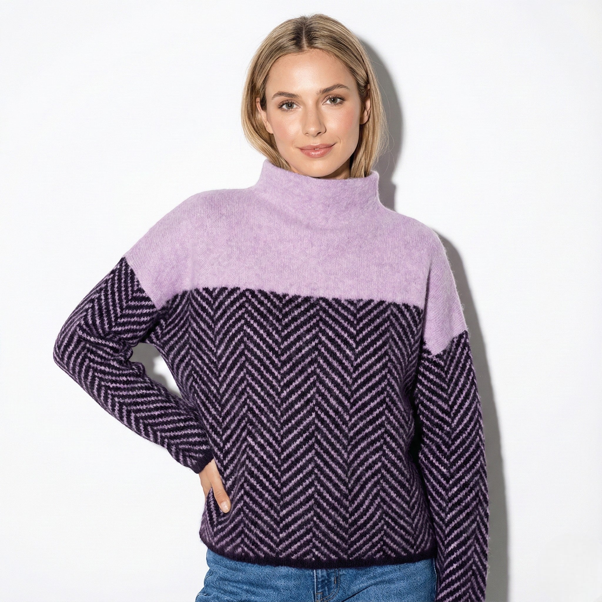 Women's Turtle-Neck Sweater with Chevron Knit
