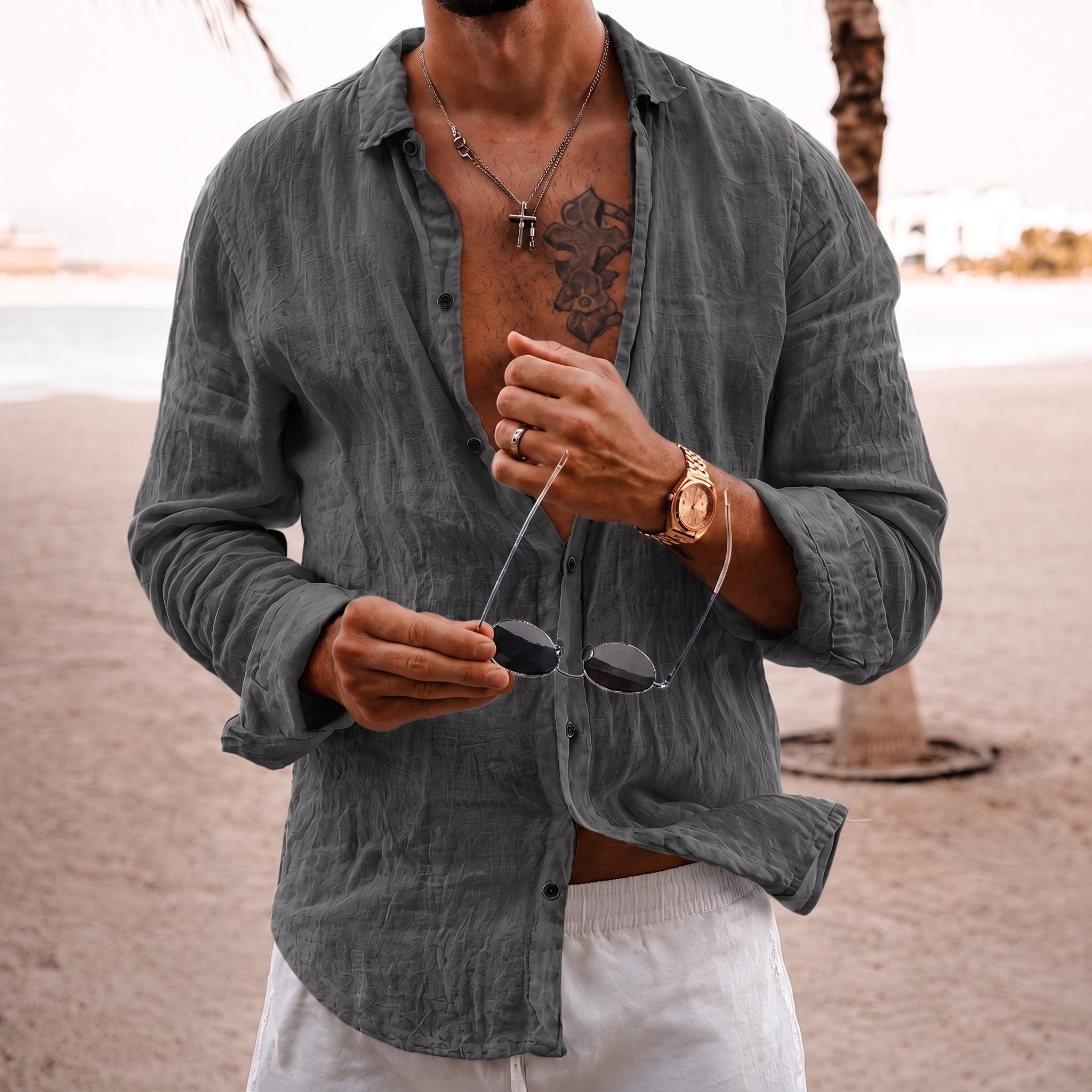 Hans – Men's Summer Loose Fit Long Sleeve Shirt - Shirts - Grey - Parker&Brooks