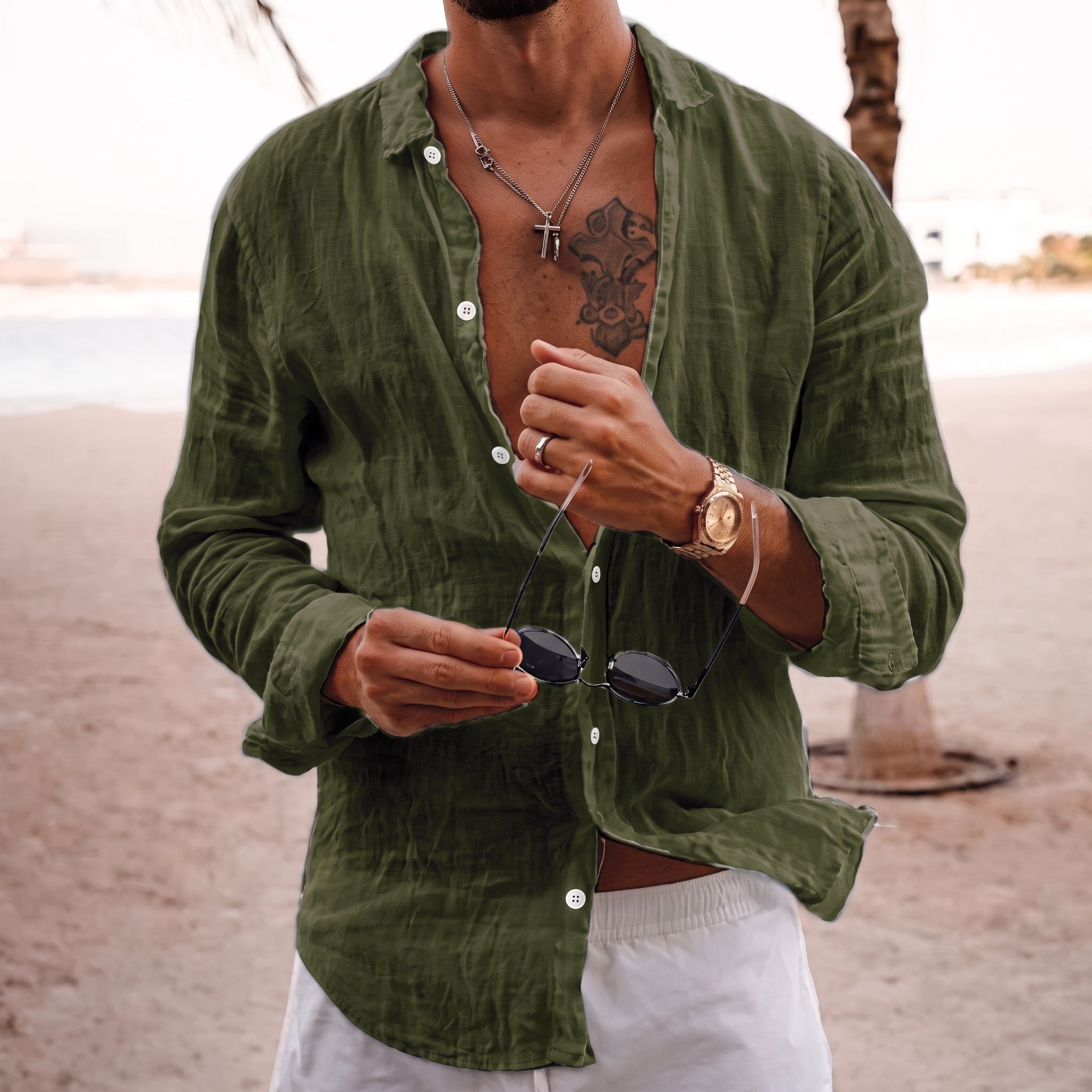 Hans – Men's Summer Loose Fit Long Sleeve Shirt - Shirts - Green - Parker&Brooks