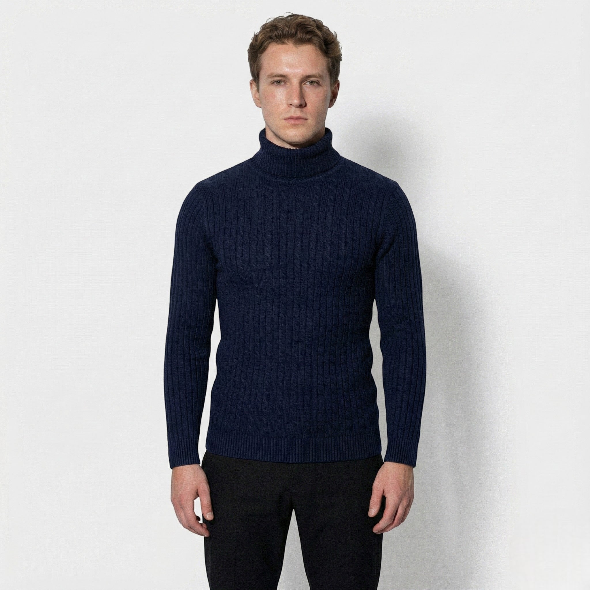 Men's Cable Knit Turtleneck Sweater Made of Wool