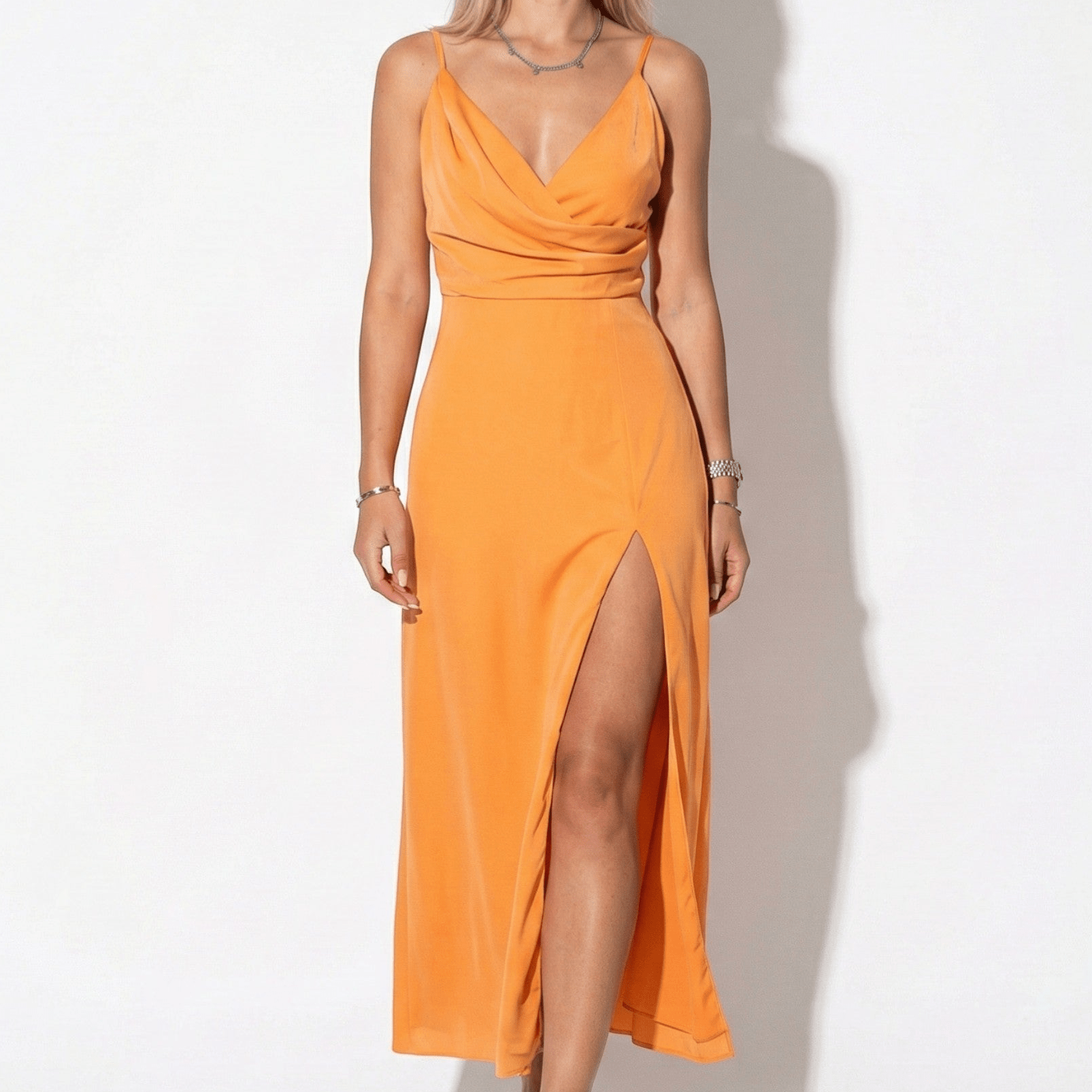 Holly - Women's Summer Midi Dress with High Slit - Dresses - Orange - Parker&Brooks