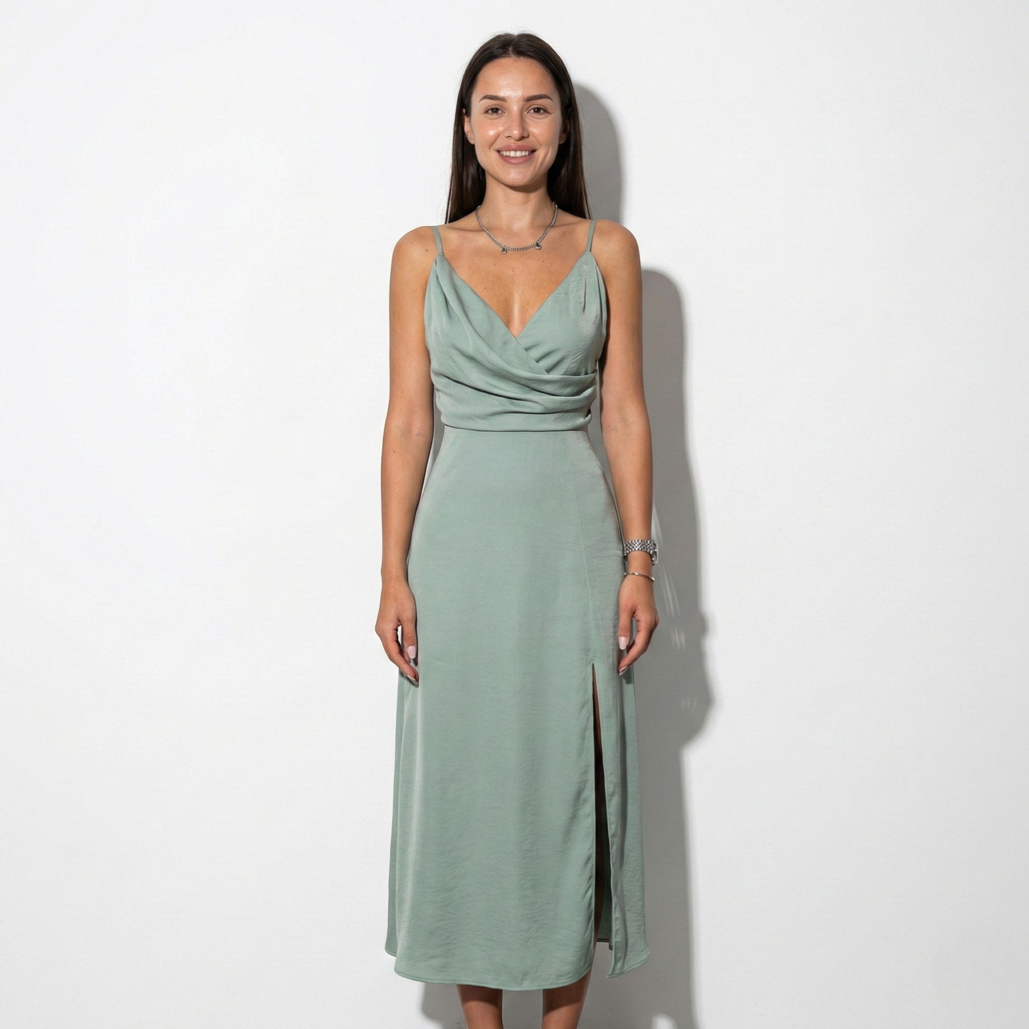 Holly - Women's Summer Midi Dress with High Slit - Dresses - Green - Parker&Brooks