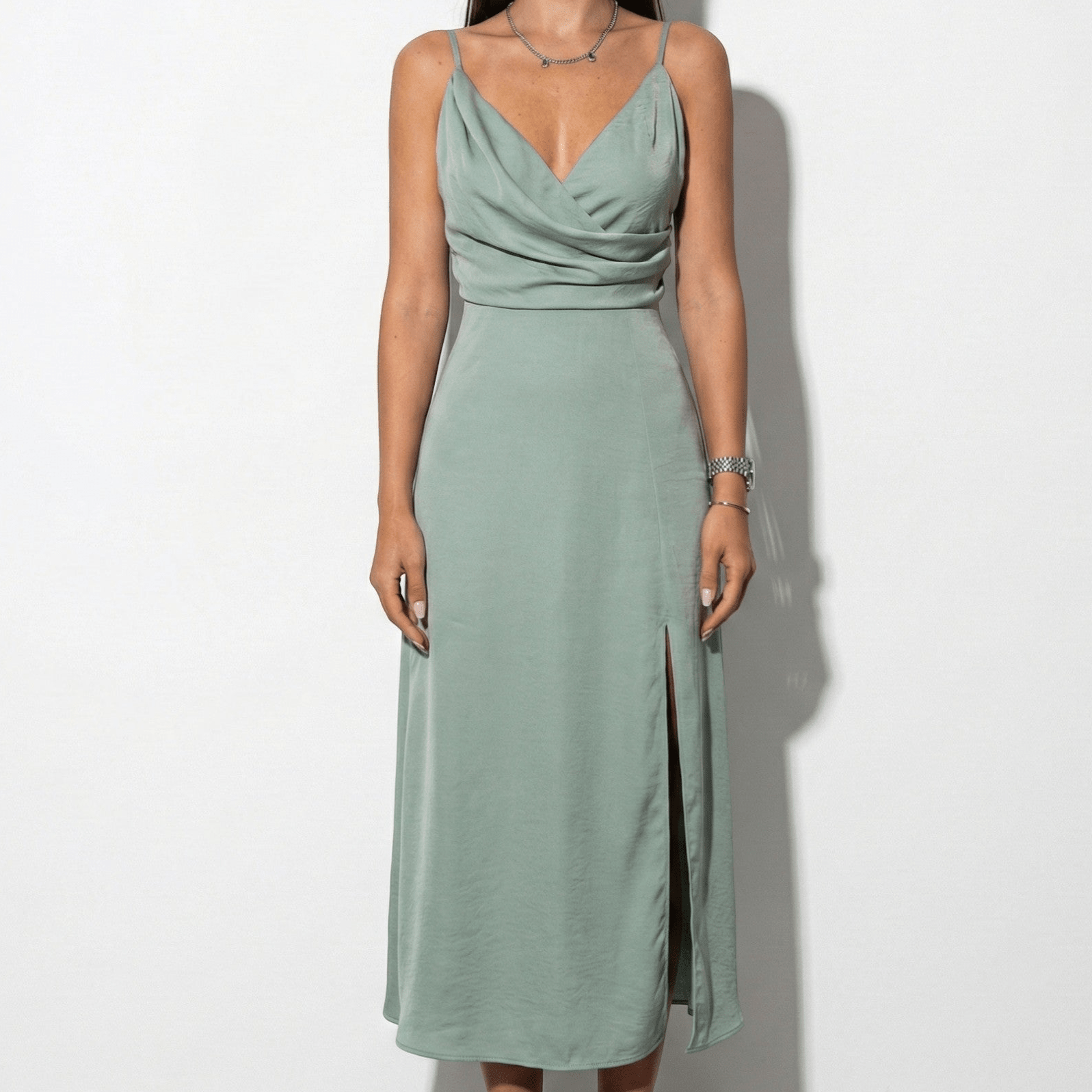 Holly - Women's Summer Midi Dress with High Slit - Dresses - Green - Parker&Brooks