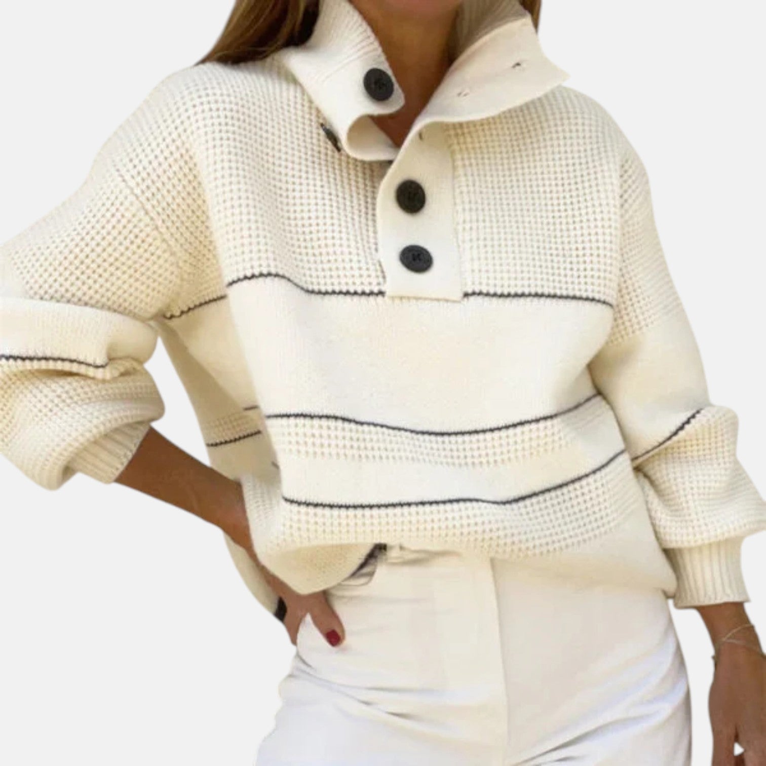 Sana – Women's Knit Sweater with Button Placket & Open Collar