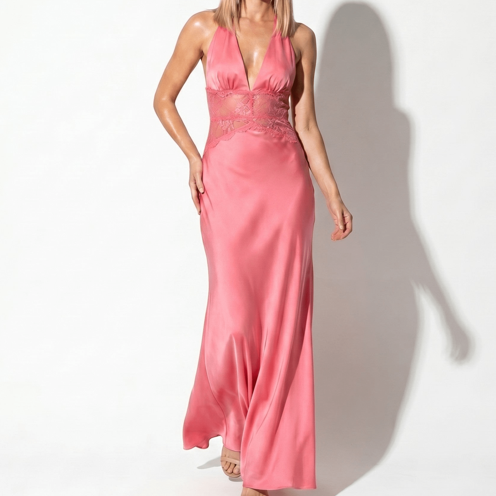 Imogen - Women's Summer Evening Lace Halter Maxi Dress - Maxi Dress - Pink - Parker&Brooks
