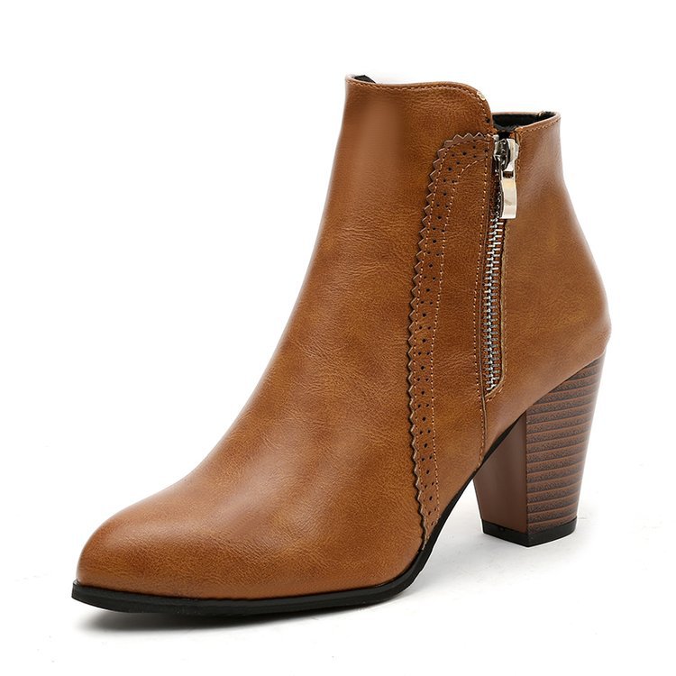 Women's Leather Ankle Boots with Side Zipper and Block Heel
