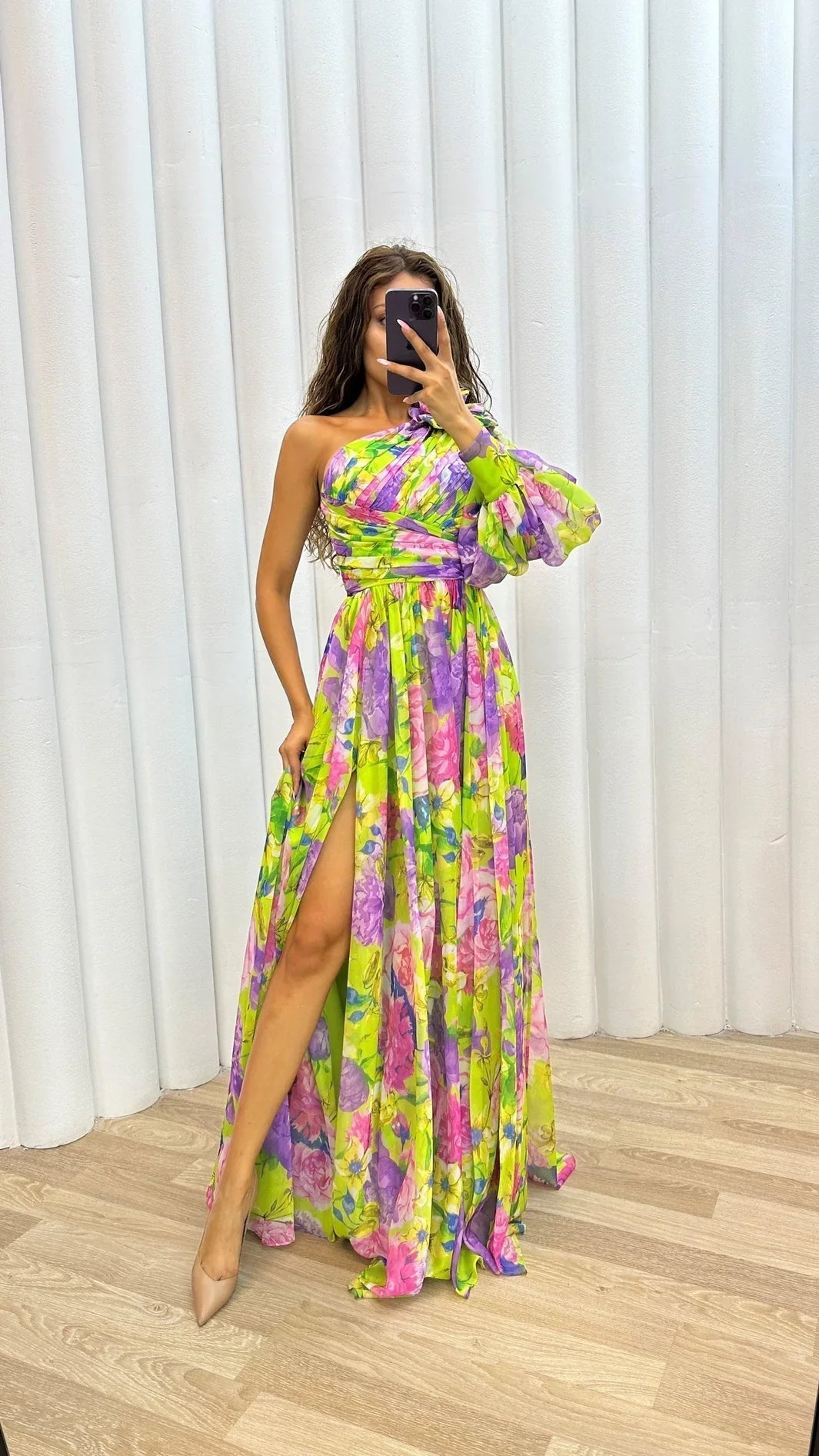 Isabella - Women's One Shoulder Floral Maxi Dress with Balloon Sleeve - Dresses - Yellow - Parker&Brooks