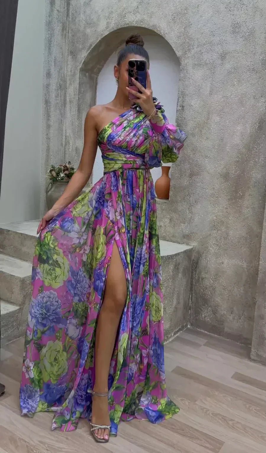 Isabella - Women's One Shoulder Floral Maxi Dress with Balloon Sleeve - Dresses - Purple - Parker&Brooks