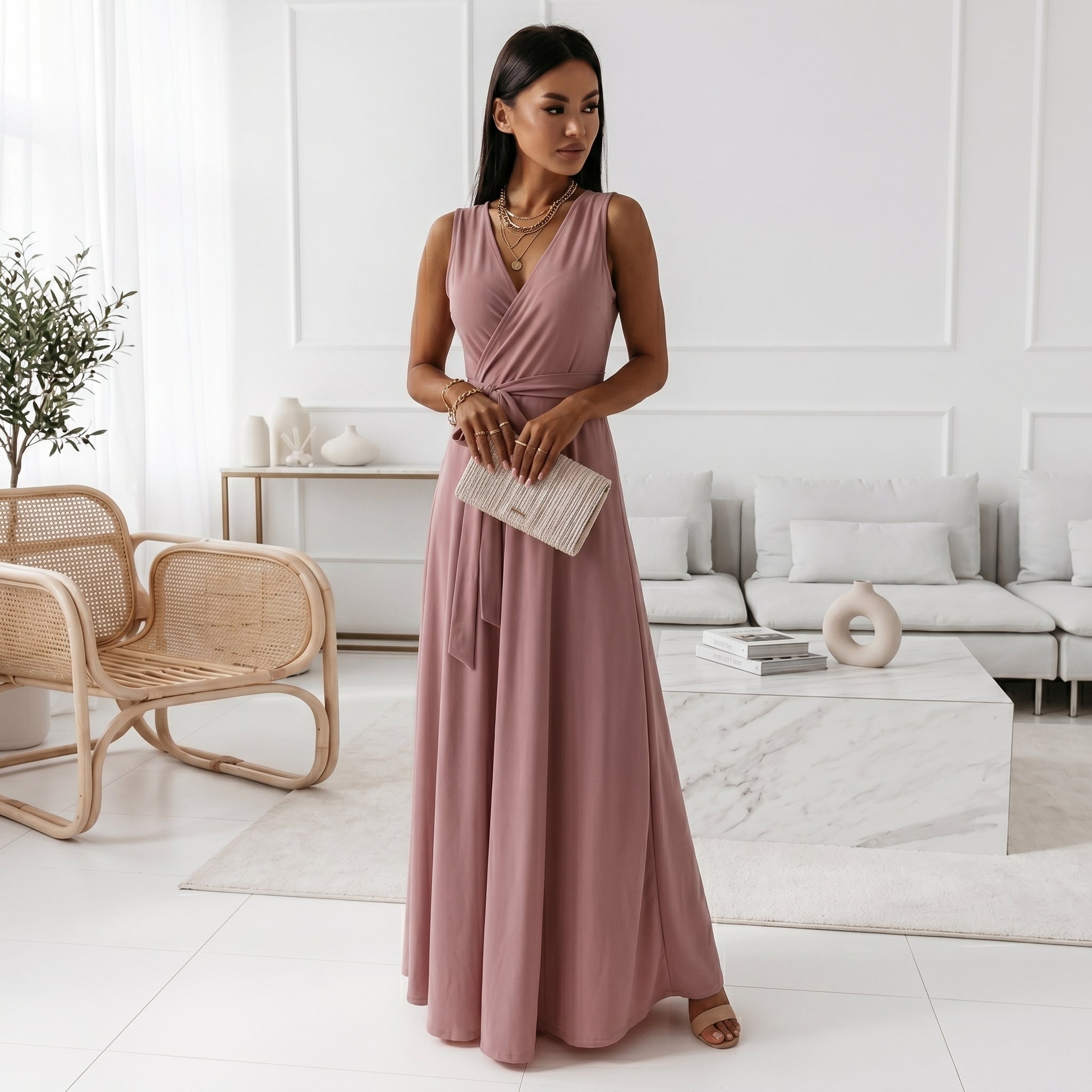 Isabella - Women's Summer Wrap V-Neck Maxi Dress - Maxi Dress - Pink - Parker&Brooks